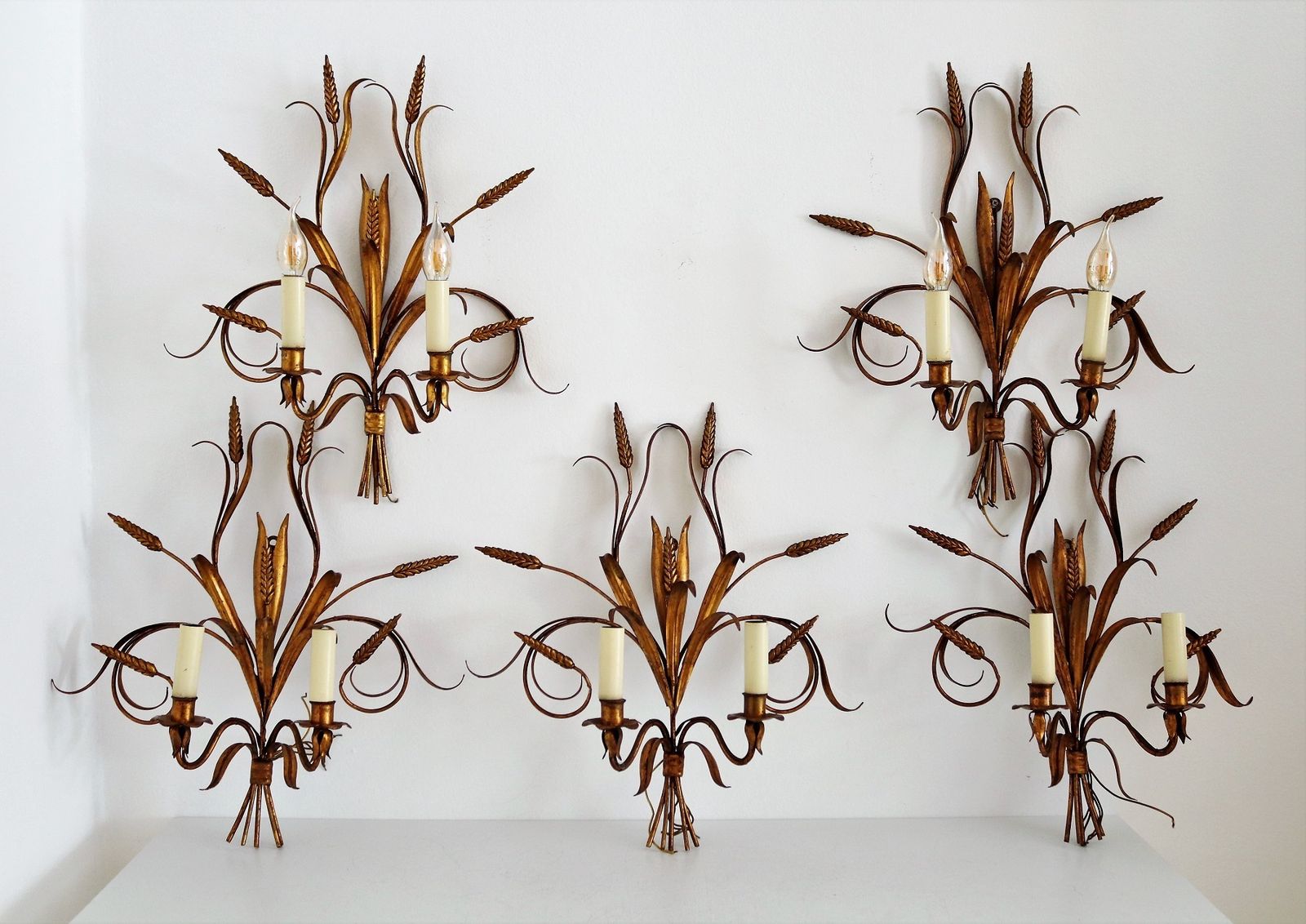 photo for sale Italian Midcentury Gilt Tole Wall Sconces With Wheat Sheaf, 1950s, Set Of Five
