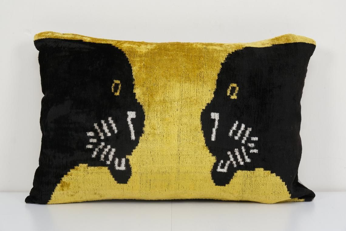 Panther Ikat Velvet Pillow, Silk Lumbar Cushion Cover, Animal Lumbar Pillows, Boho Pillow