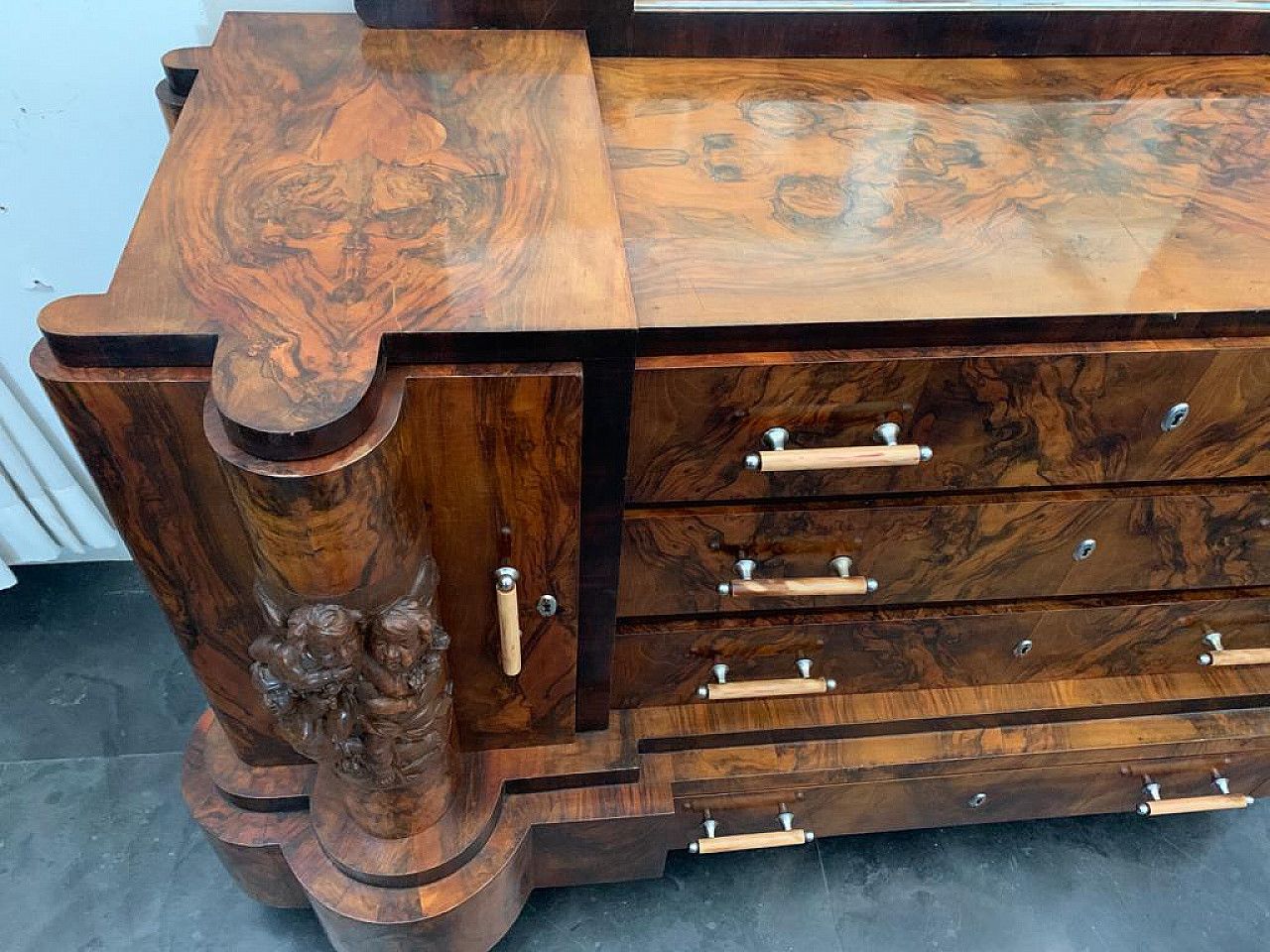 Art Deco Chest Of Drawers By Ducrot In Walnut With Mirror, 20s photo 7004.0