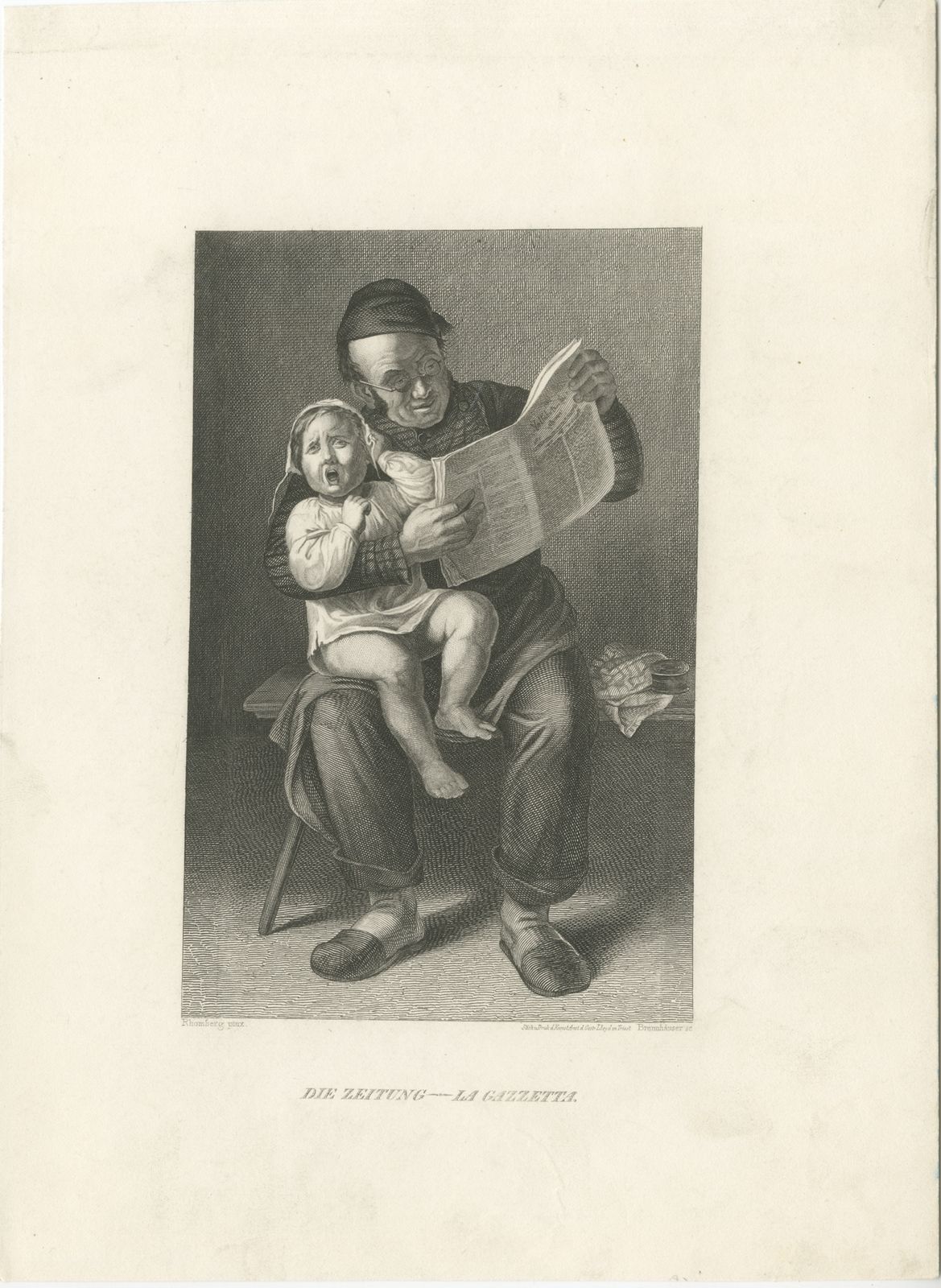 Antique Print Of A Man Reading A Newspaper By Brennhauser (C.1860)