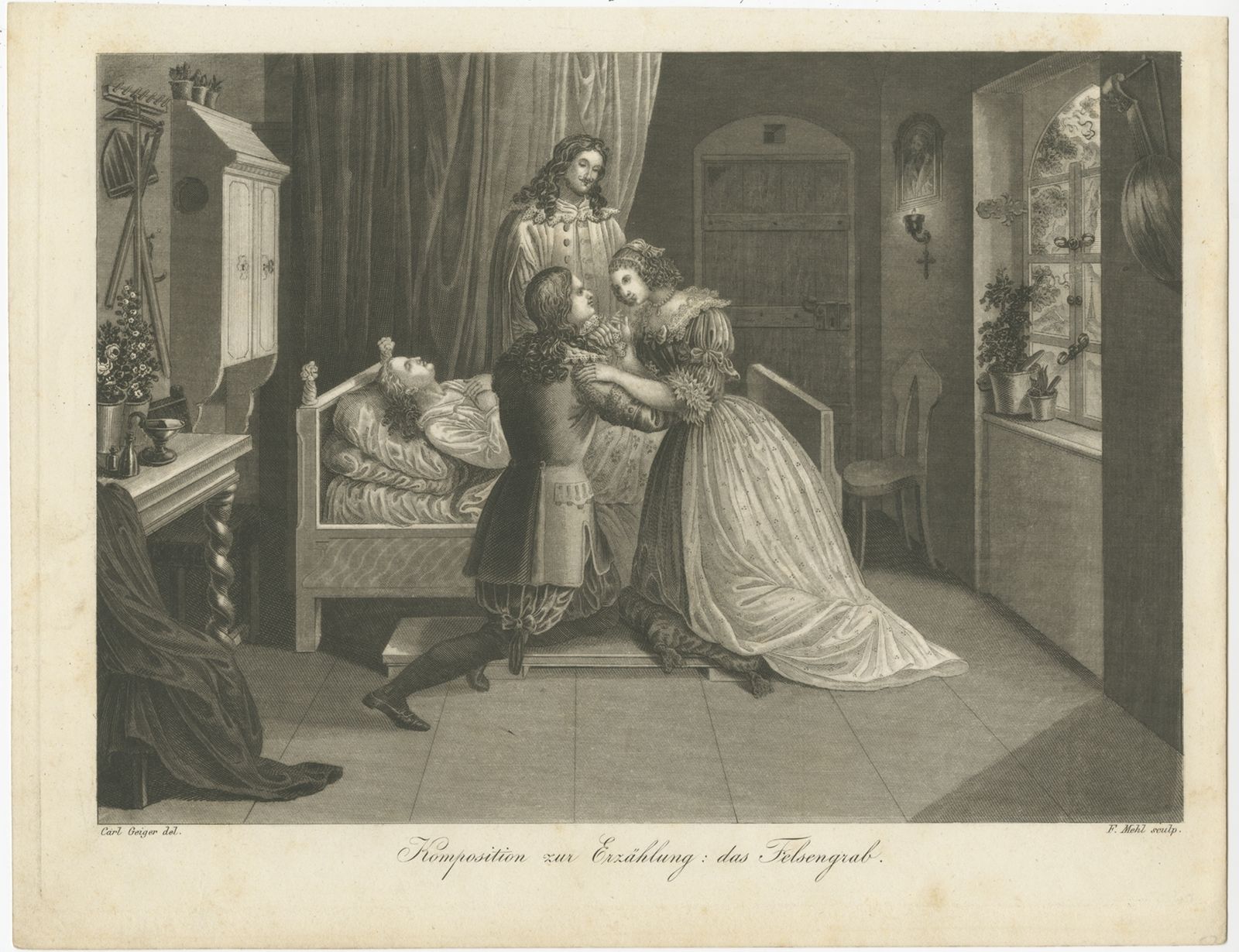 Antique Print Of A Deathbed Scene By Mehl (C.1850)