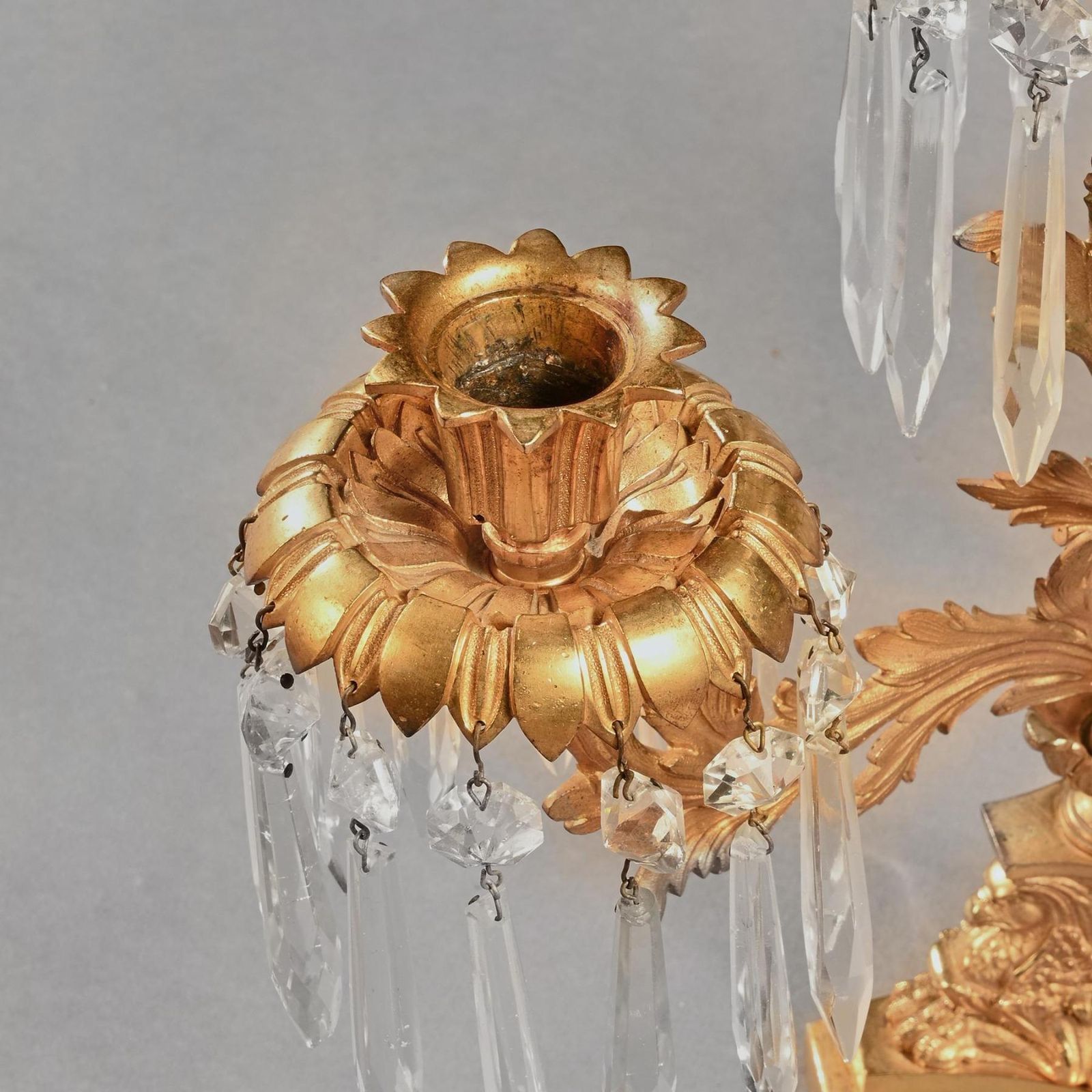 Pair Of Early 19th Century Gilt Bronze And Lustres Three Branch Candelabra photo for sale