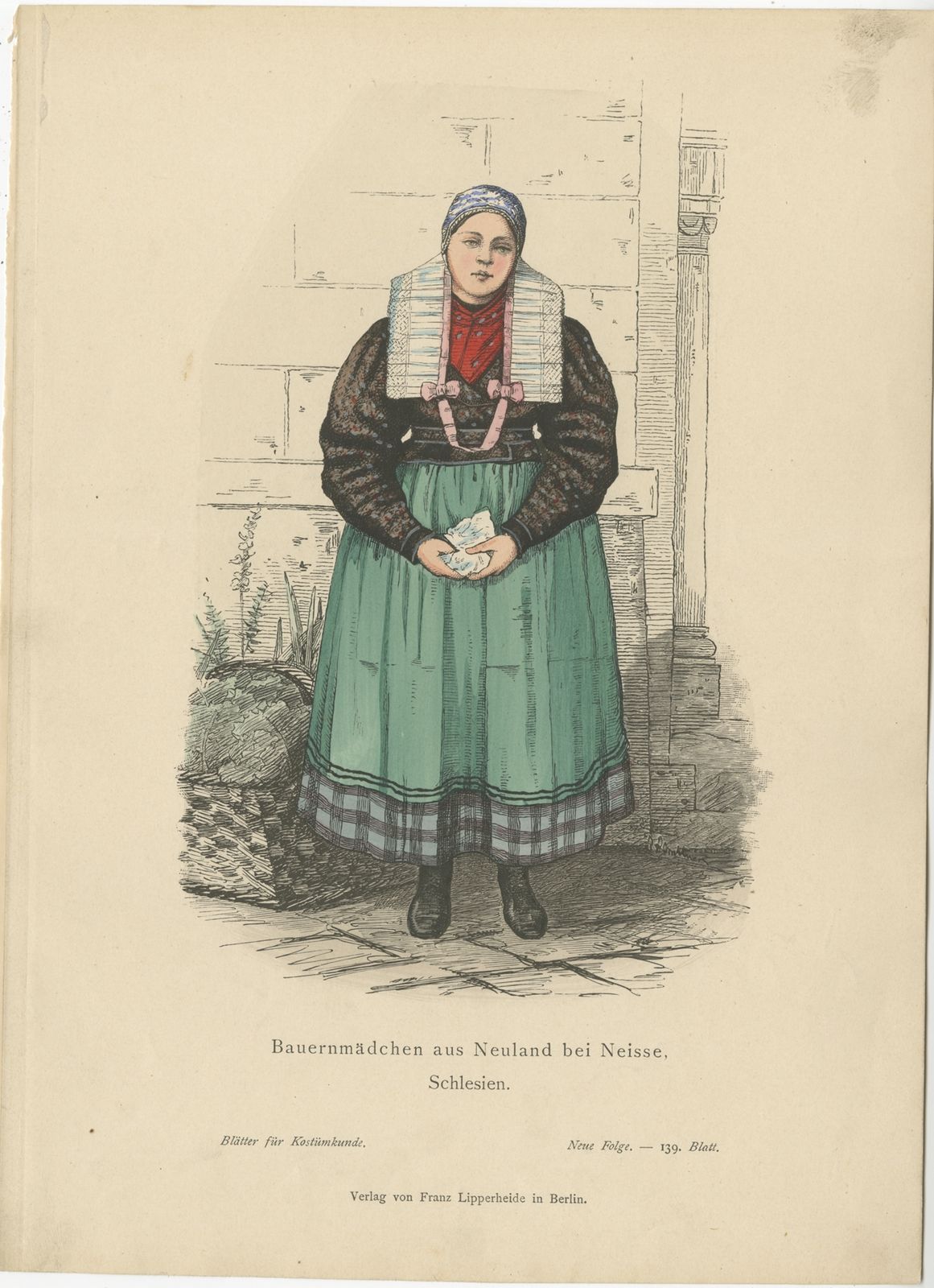 Antique Costume Print Of A Peasant Girl From Neuland By Lipperheide (C.1880)