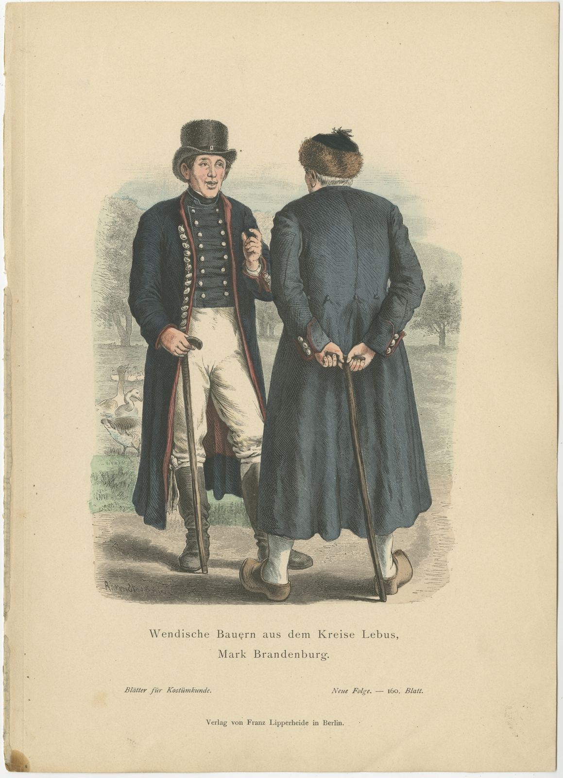 Antique Costume Print Of Farmers From The Region Of Lebus By Lipperheide (C.1880)