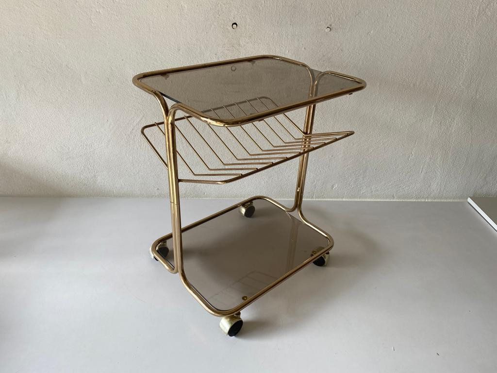 Mid Century Modern Gold Metal And Smoked Glass Magazine Stand Table, Living Room Organiser, 1960s, photo furniture