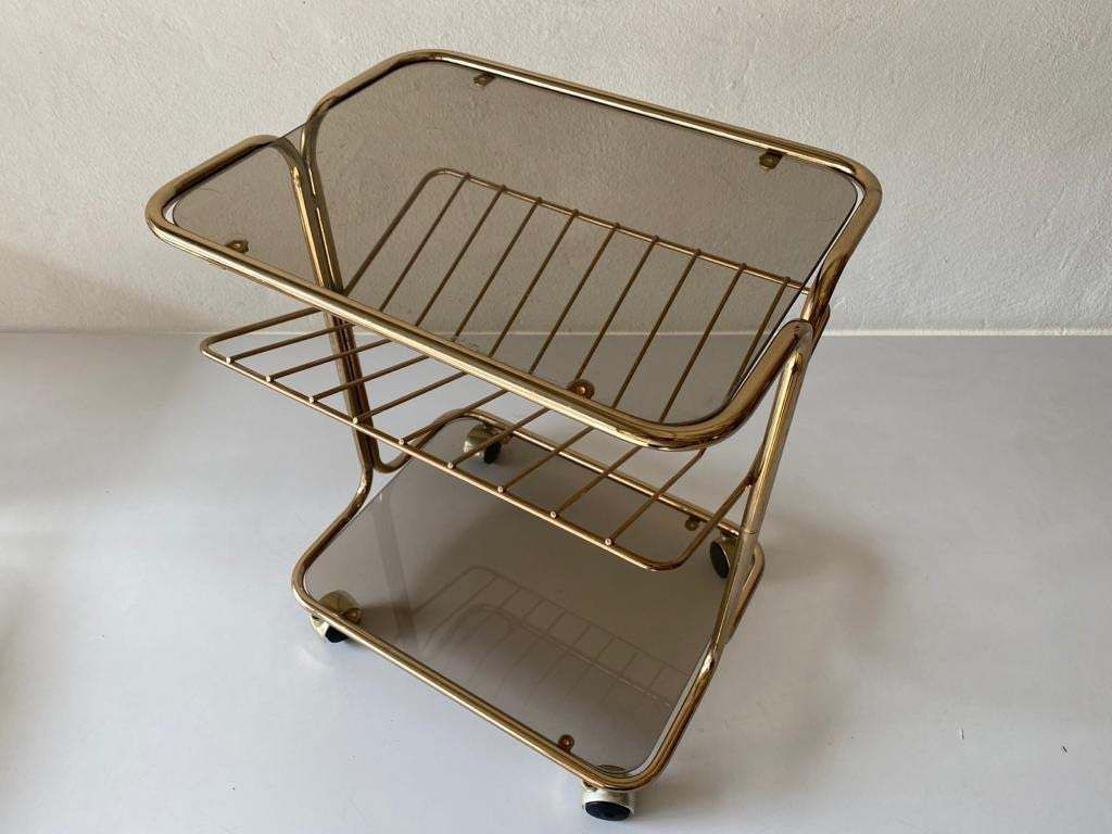 Mid Century Modern Gold Metal And Smoked Glass Magazine Stand Table, Living Room Organiser, 1960s, photo Home Decor
