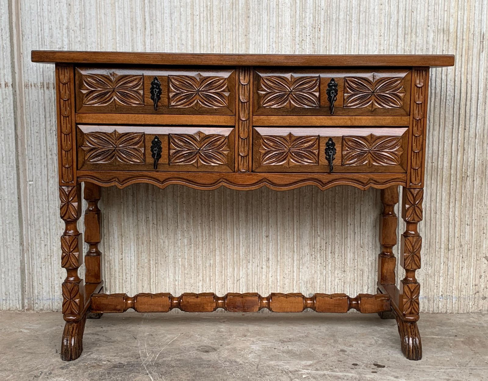 19th Century Catalan Spanish Carved Walnut Console Sofa Table, Four Drawers photo furniture