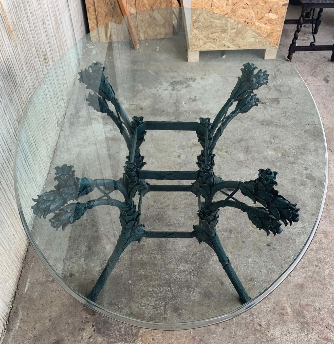 Table centrale néoclassique italienne en fer forgé ornemental, plateau ovale en verre photo 5330.0