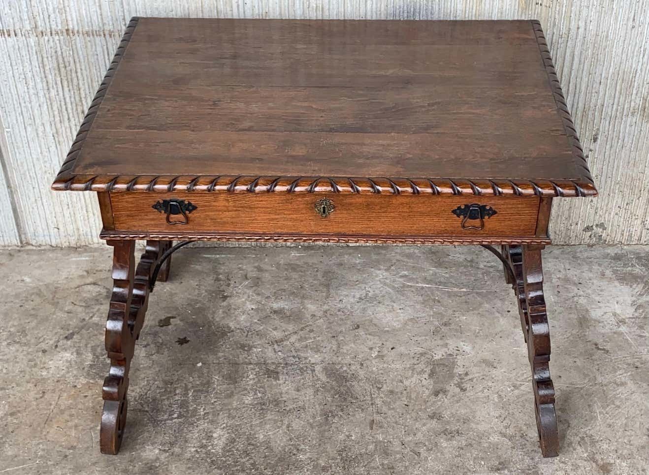 Early 20th Spanish Desk With Lyre Legs And Carved Edges On Top photo Furniture