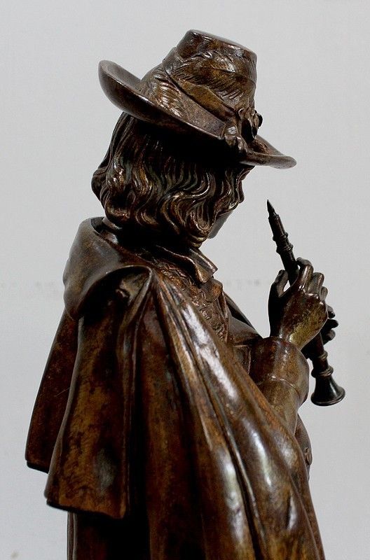 photo vinterior Pendulum In Bronze And Marble "The Flute Player", By Ca Calmels 2nd Part 19th Century