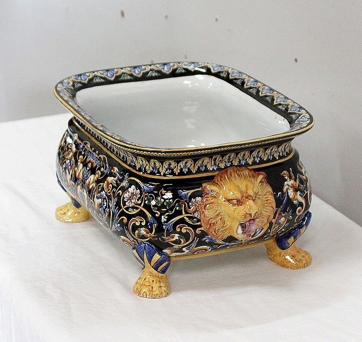 Gien Earthenware Planter With Polychrome Decorations, Late 19th / Early 20th Century photo for sale