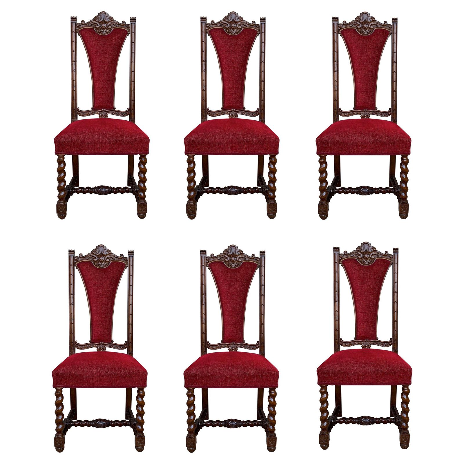 Ensemble de six chaises espagnoles en noyer sculpté, assise et dossier en velours rouge