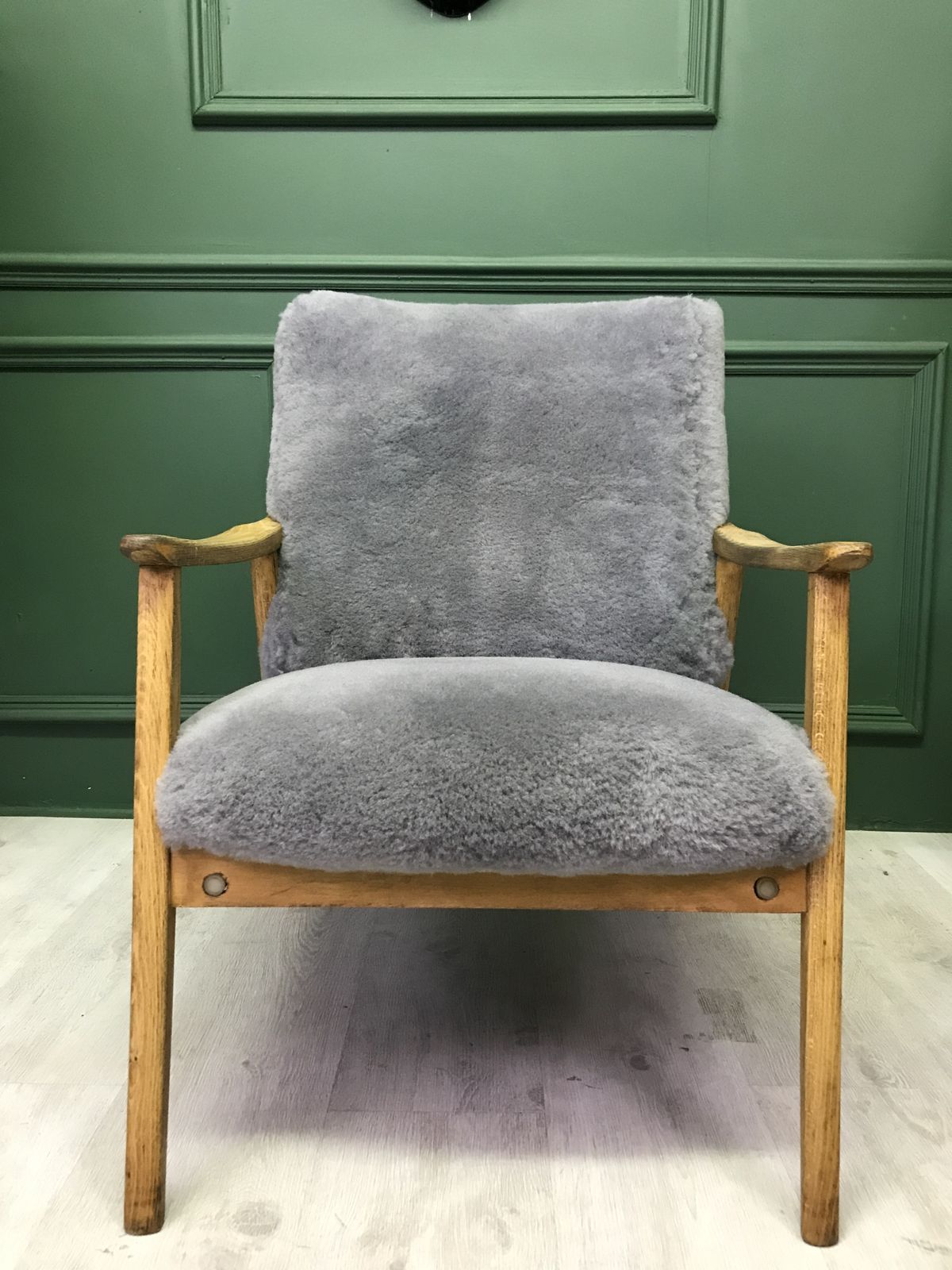 Vintage Art Deco Grey Fluffy Furry Sheepskin Armchair Chair photo for sale