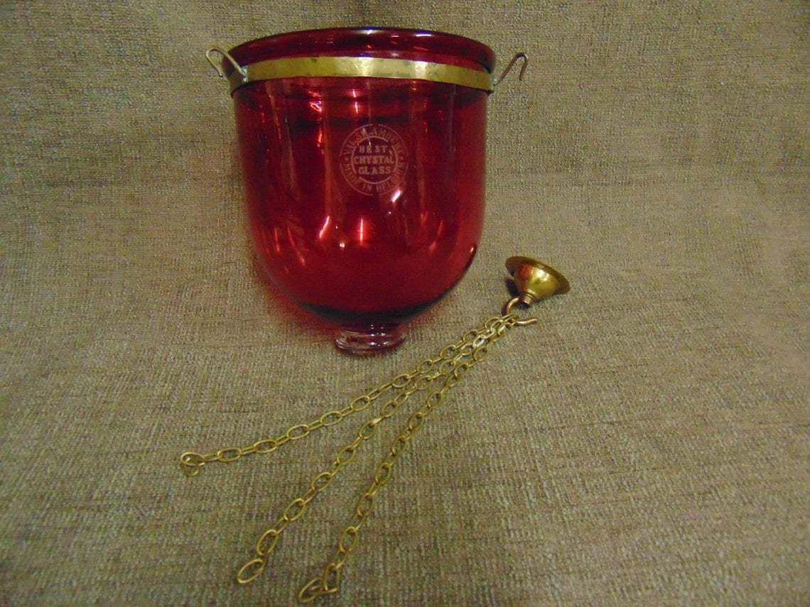 Made In Belgium, Val St. Lambert, Edwardian Cranberry Glass Ceiling Light Shade