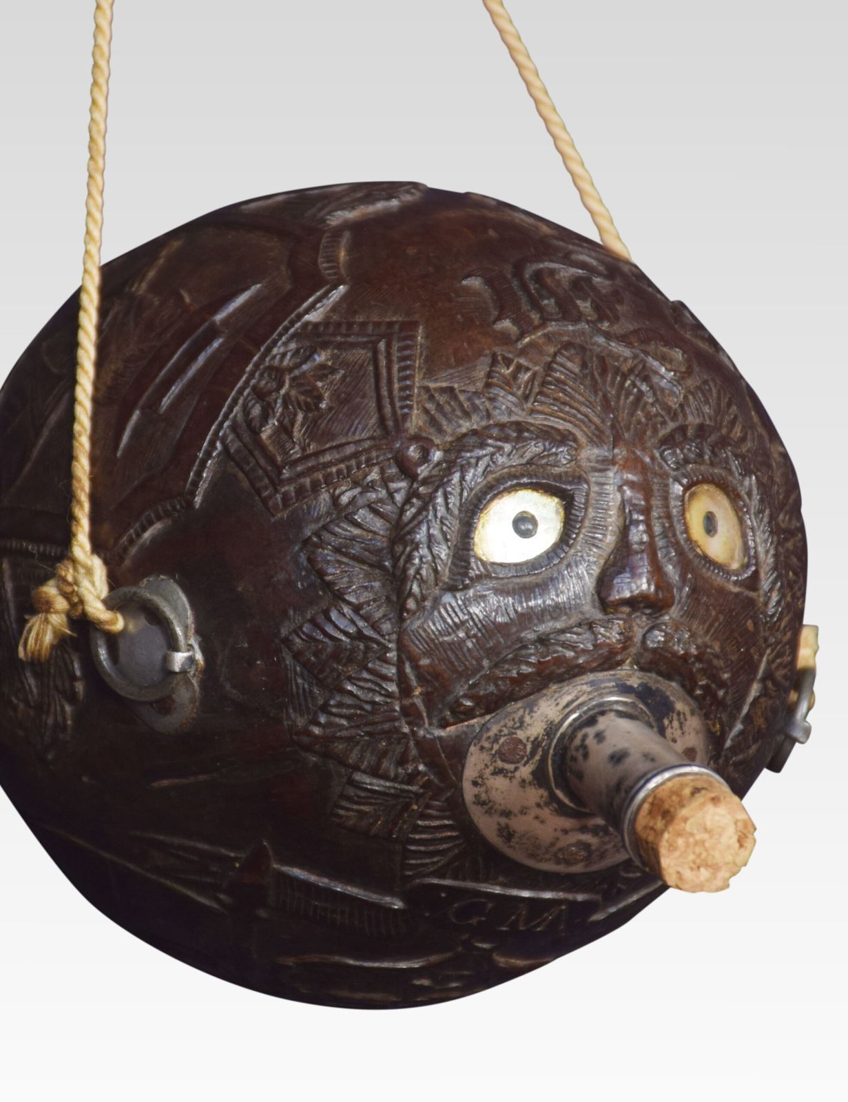 19th Century Carved Bug Bear Coconut Flask photo furniture