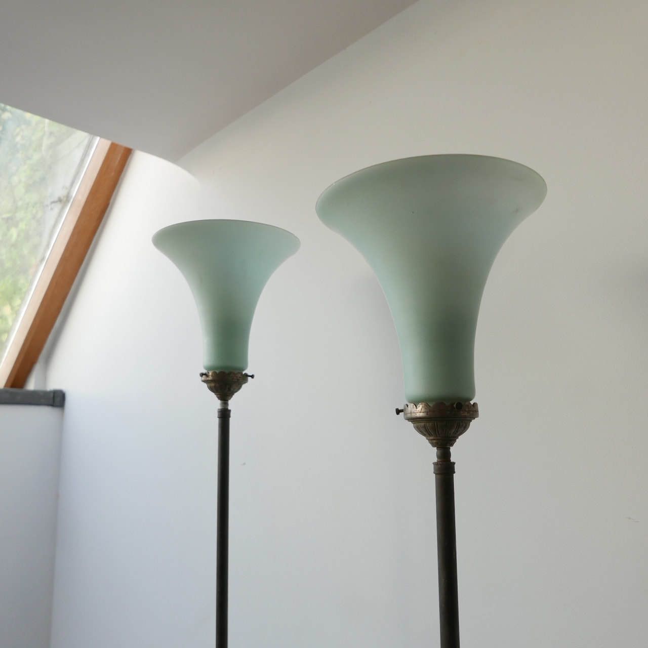 Antique Dutch Uplighter Glass Shade Floor Lamps (2) photo for sale