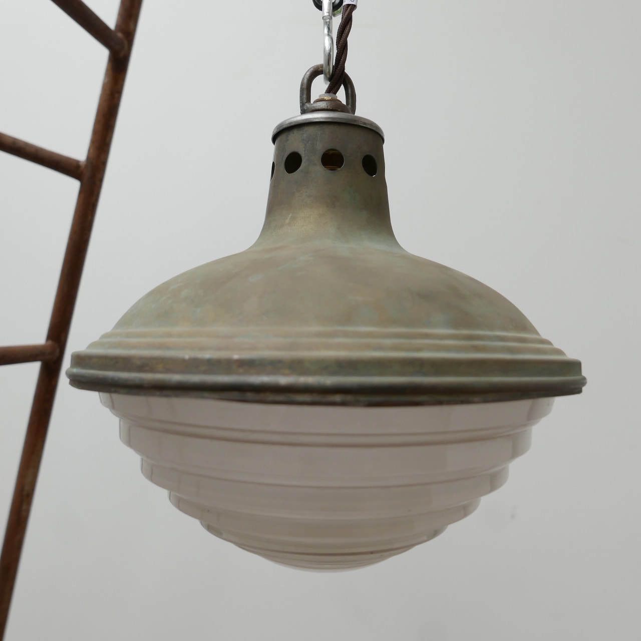 Patinated Metal And Glass Holophane Pendant Lights (3) photo vinterior