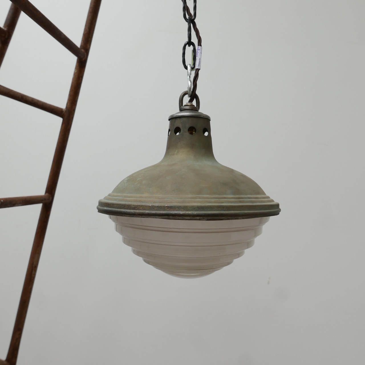 Patinated Metal And Glass Holophane Pendant Lights (3) photo buy