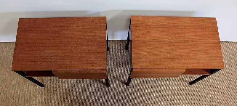 Pair Of Teak Bedside Tables Or Ends Of Sofa, Minvielle Taste, 1960s photo vintage