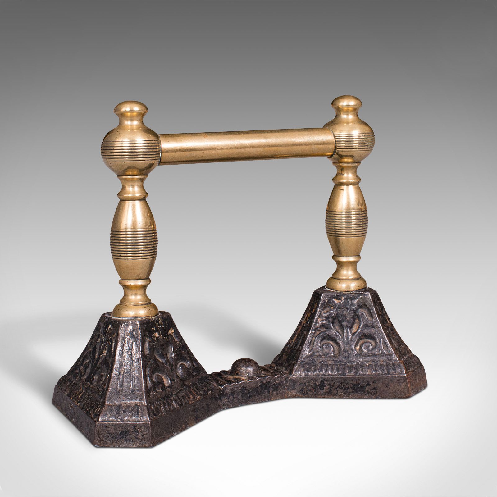 Pair Of Antique Fireside Tool Rests, English, Brass, Iron, Fire Dog, C.1880 photo buy