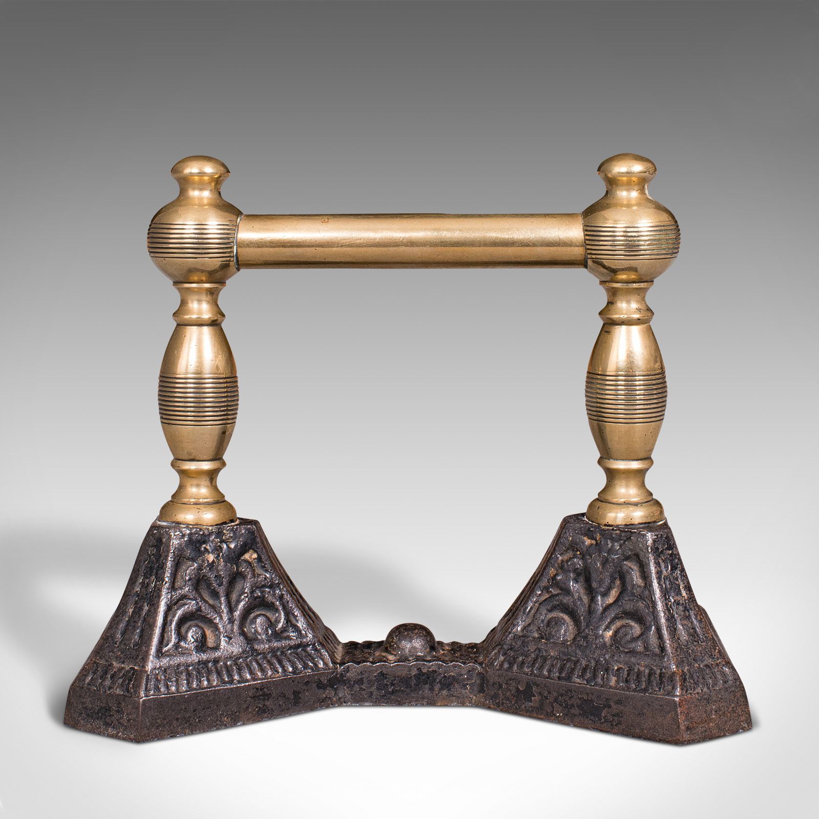 Pair Of Antique Fireside Tool Rests, English, Brass, Iron, Fire Dog, C.1880 photo vintage