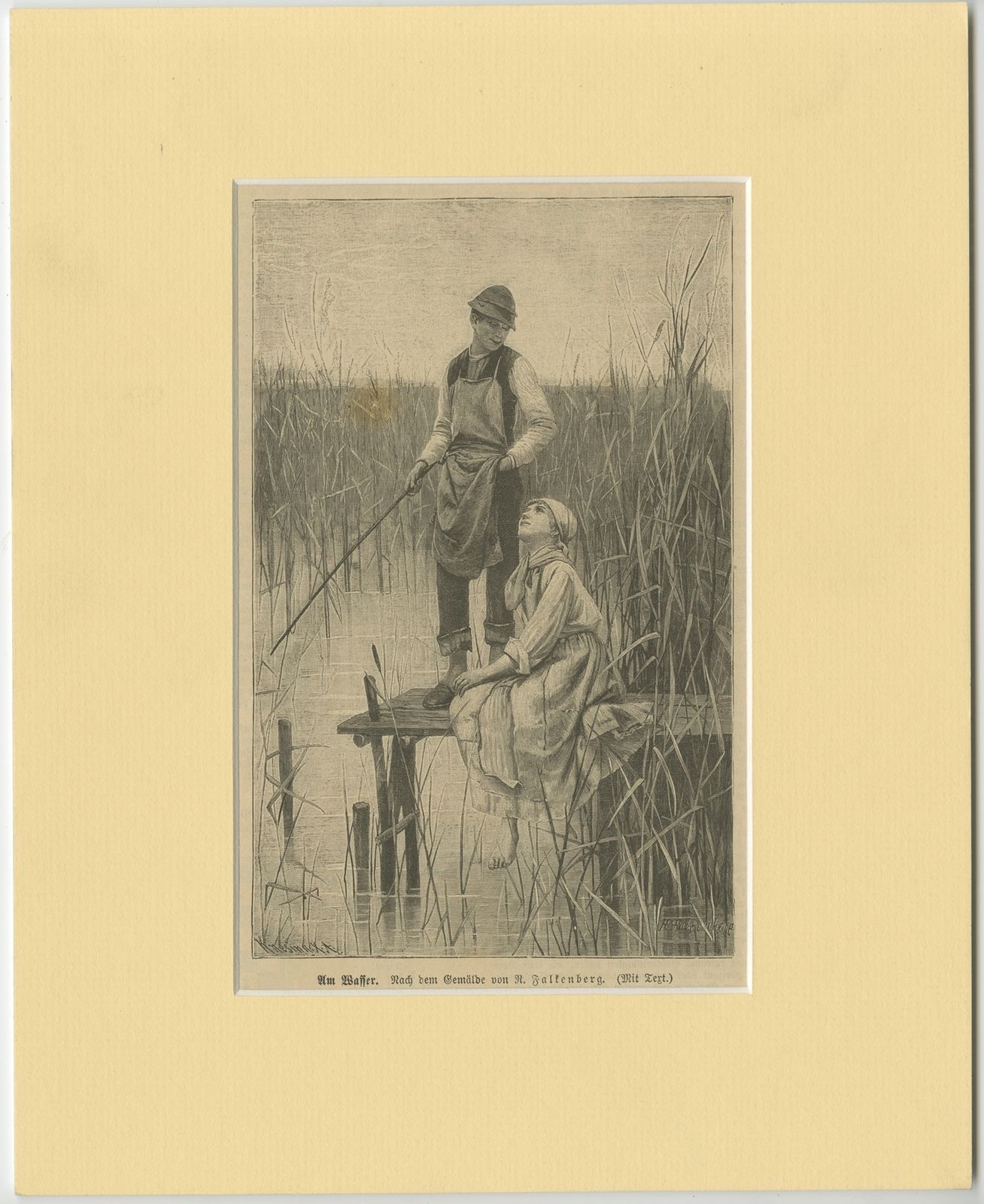 Antique Print Of A Boy And Girl Near The Water (C.1900)
