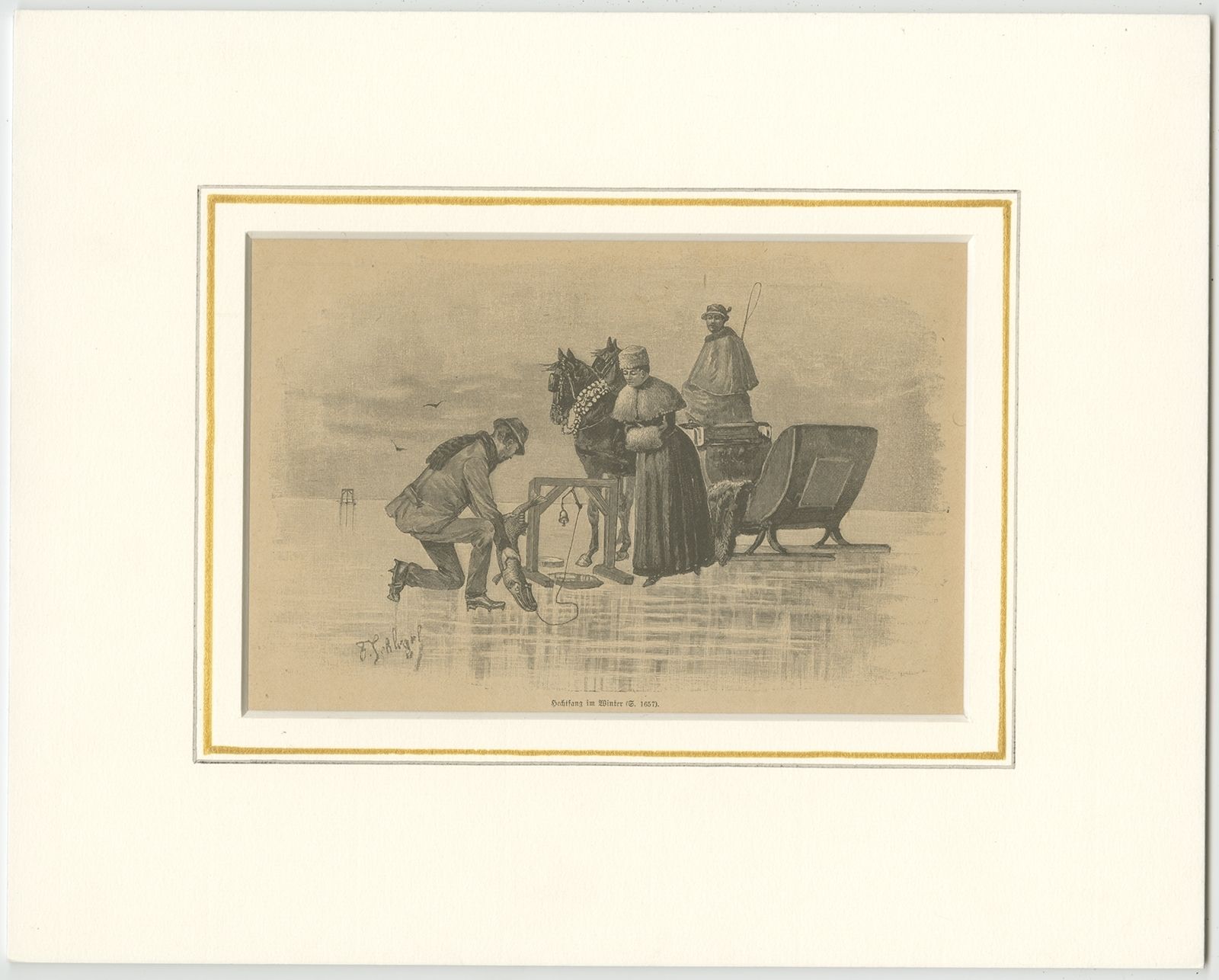 Antique Print Of Ice Fishing (C.1900)