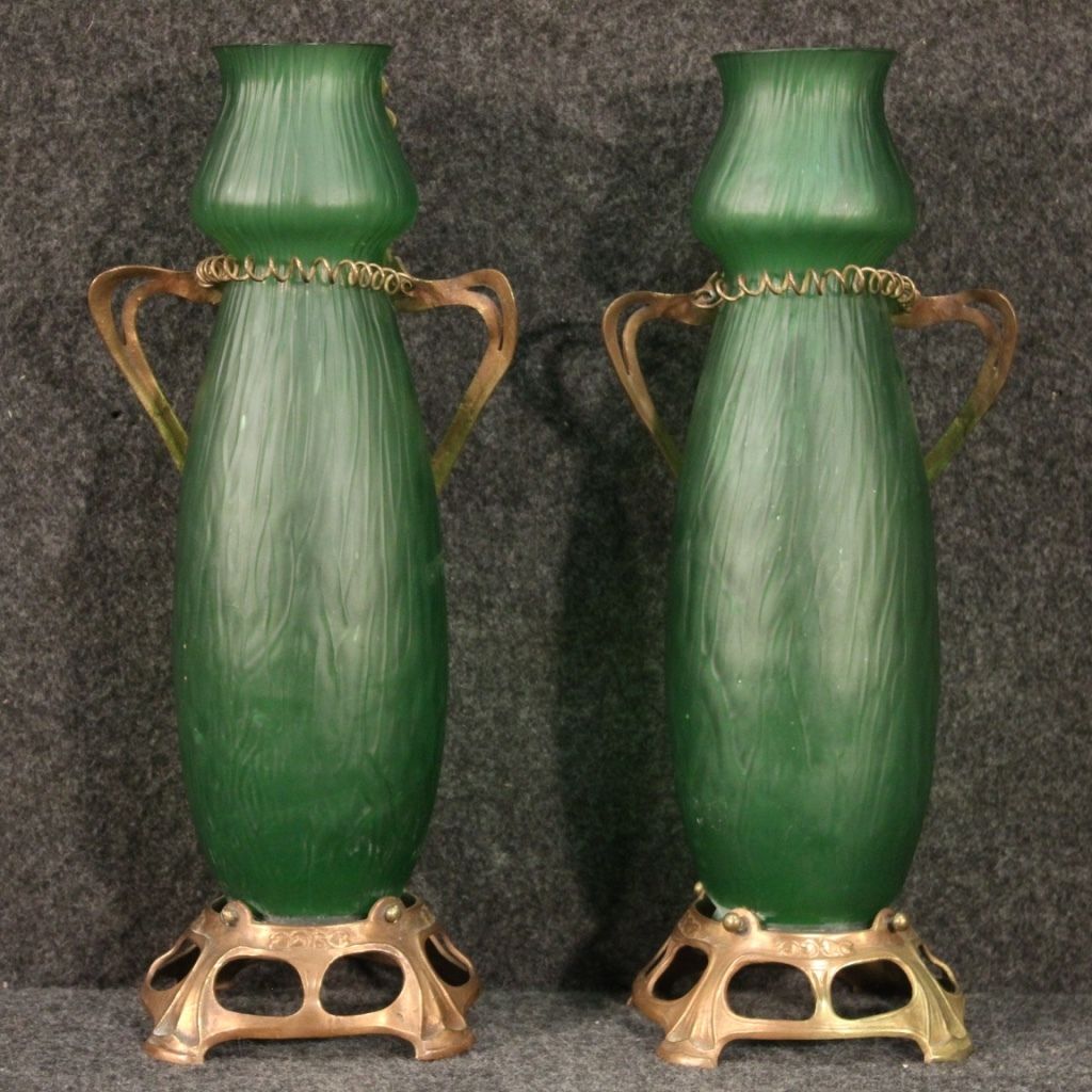 Pair Of French Glass Vases In Art Nouveau Style photo vintage