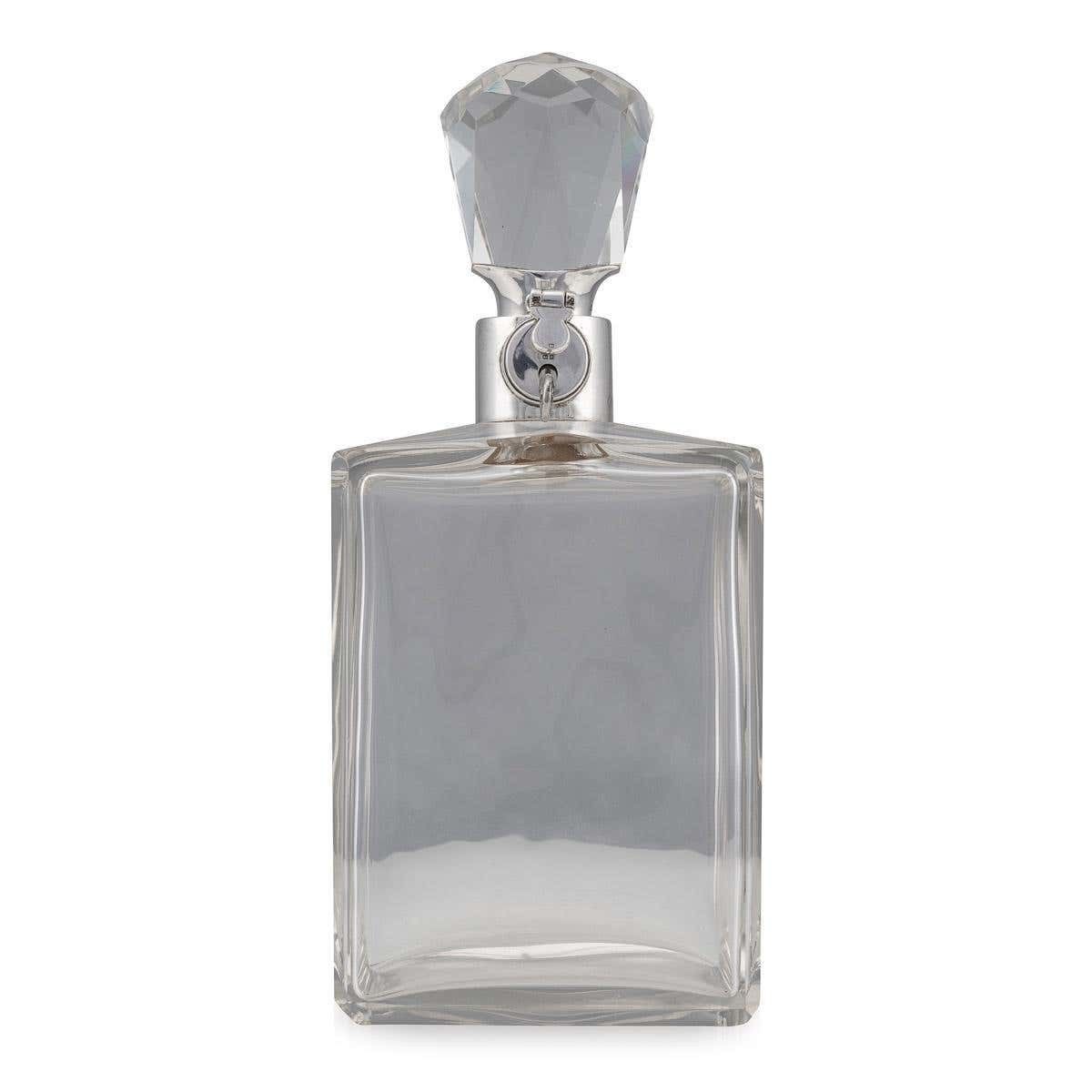 20th Century English Solid Silver & Glass Spirit Decanter With Lock & Key C.1927