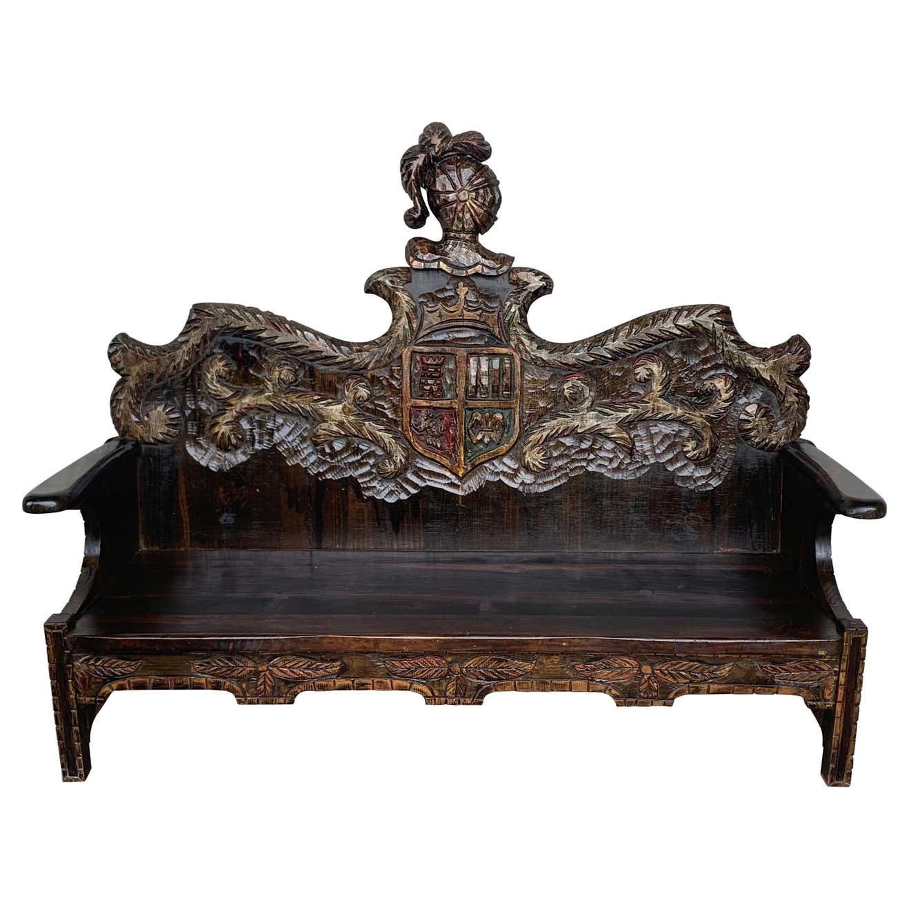 Early 20th Century Spanish Polychromed Hand Carved Oak Settee Or Park Bench photo furniture