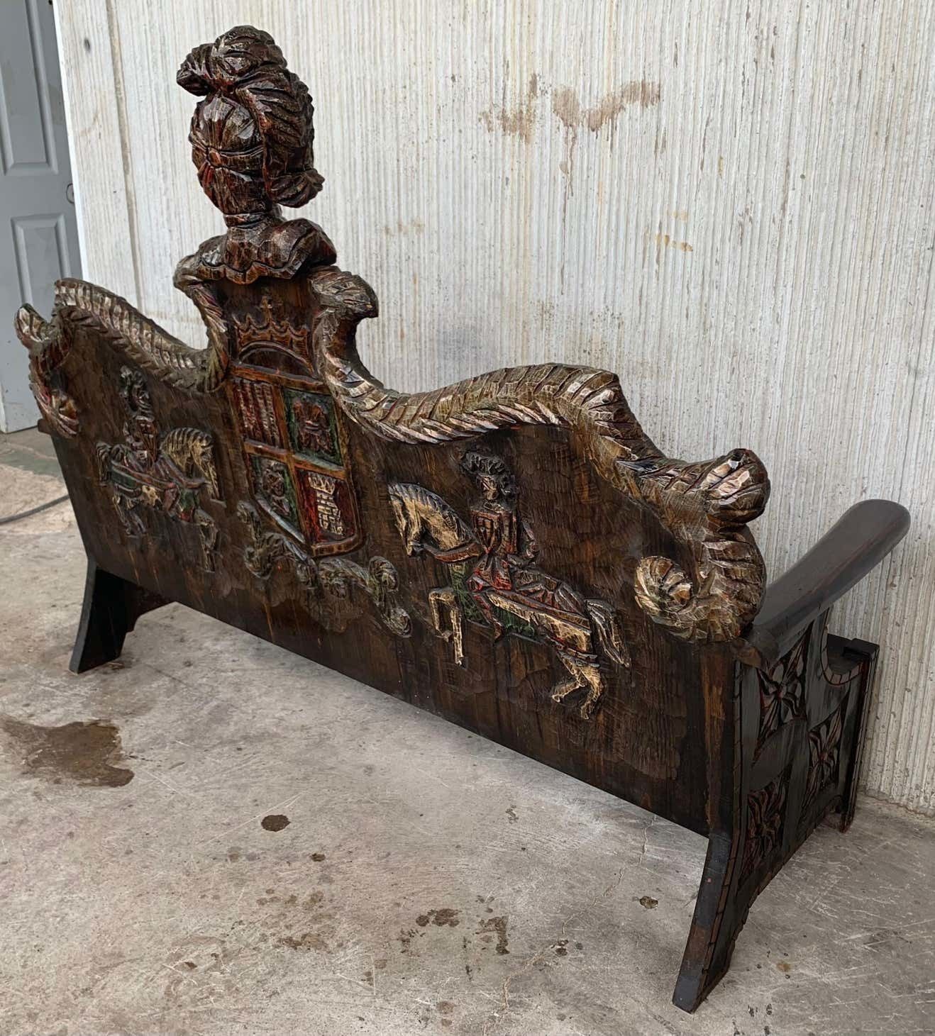 Early 20th Century Spanish Polychromed Hand Carved Oak Settee Or Park Bench photo for sale