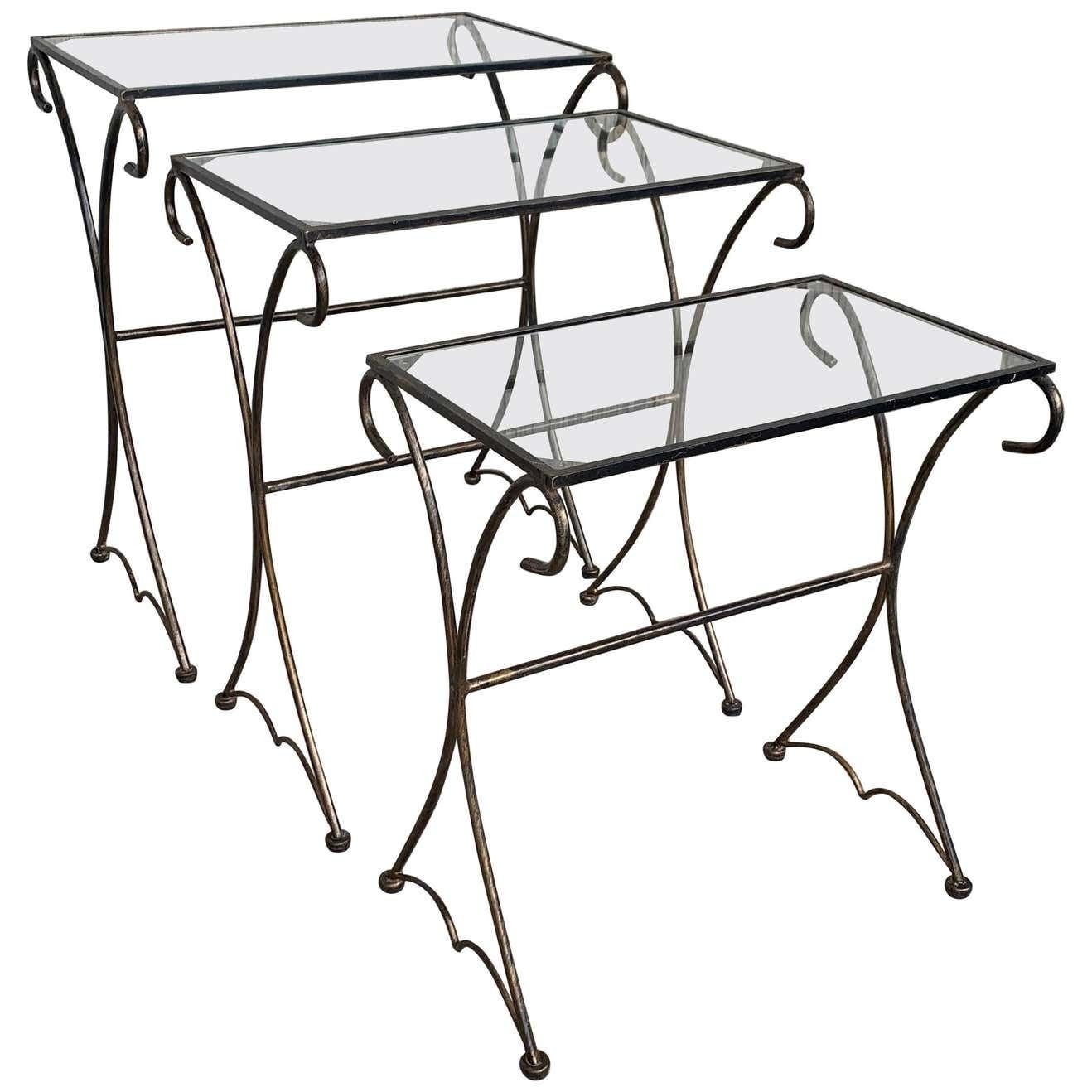 Midcentury Scrolling Iron Patio Nesting Side Tables With Glass Tops, Set Of 3