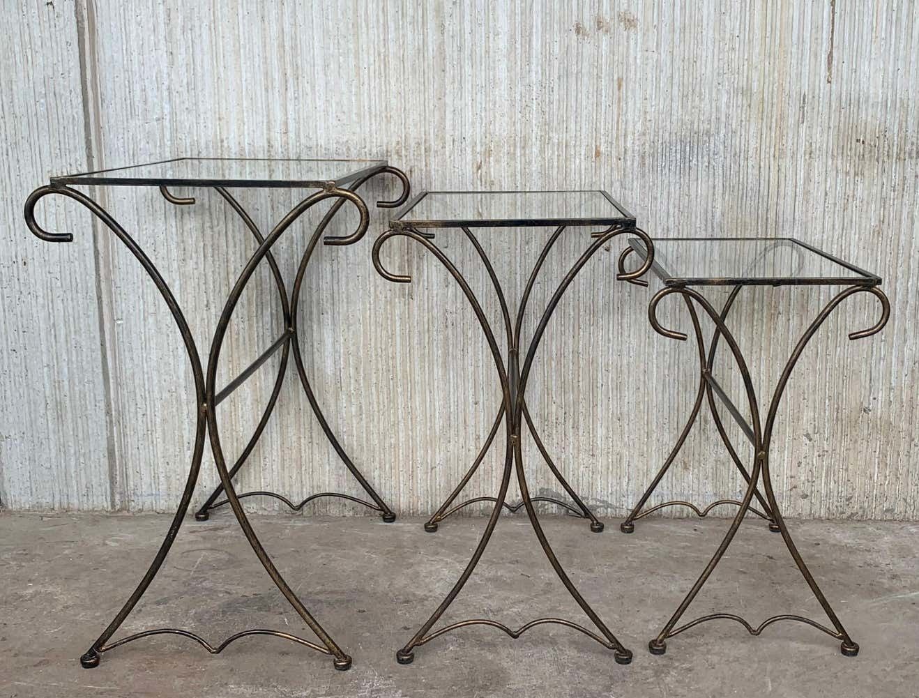 Midcentury Scrolling Iron Patio Nesting Side Tables With Glass Tops, Set Of 3 photo 1679.0