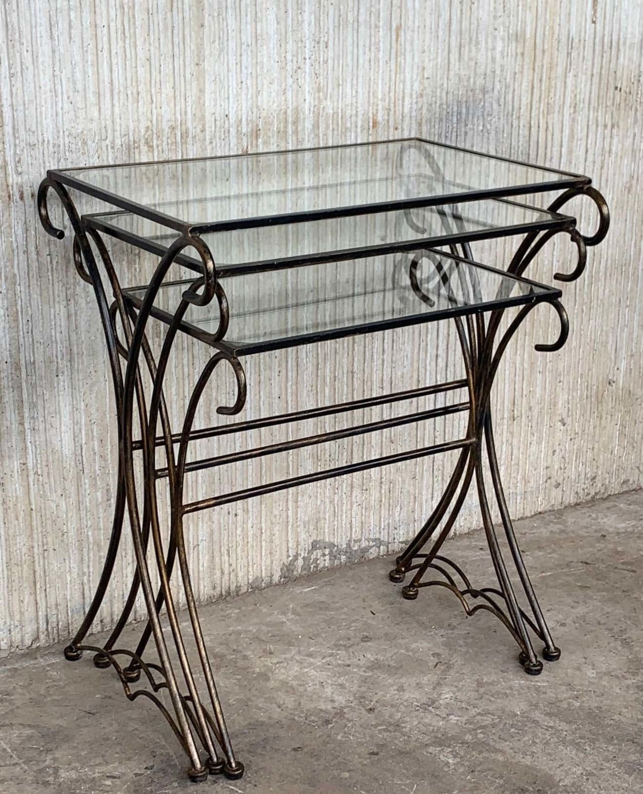 Midcentury Scrolling Iron Patio Nesting Side Tables With Glass Tops, Set Of 3 photo vinterior