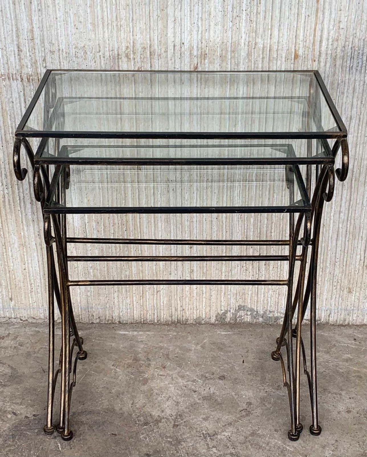 Midcentury Scrolling Iron Patio Nesting Side Tables With Glass Tops, Set Of 3 photo buy
