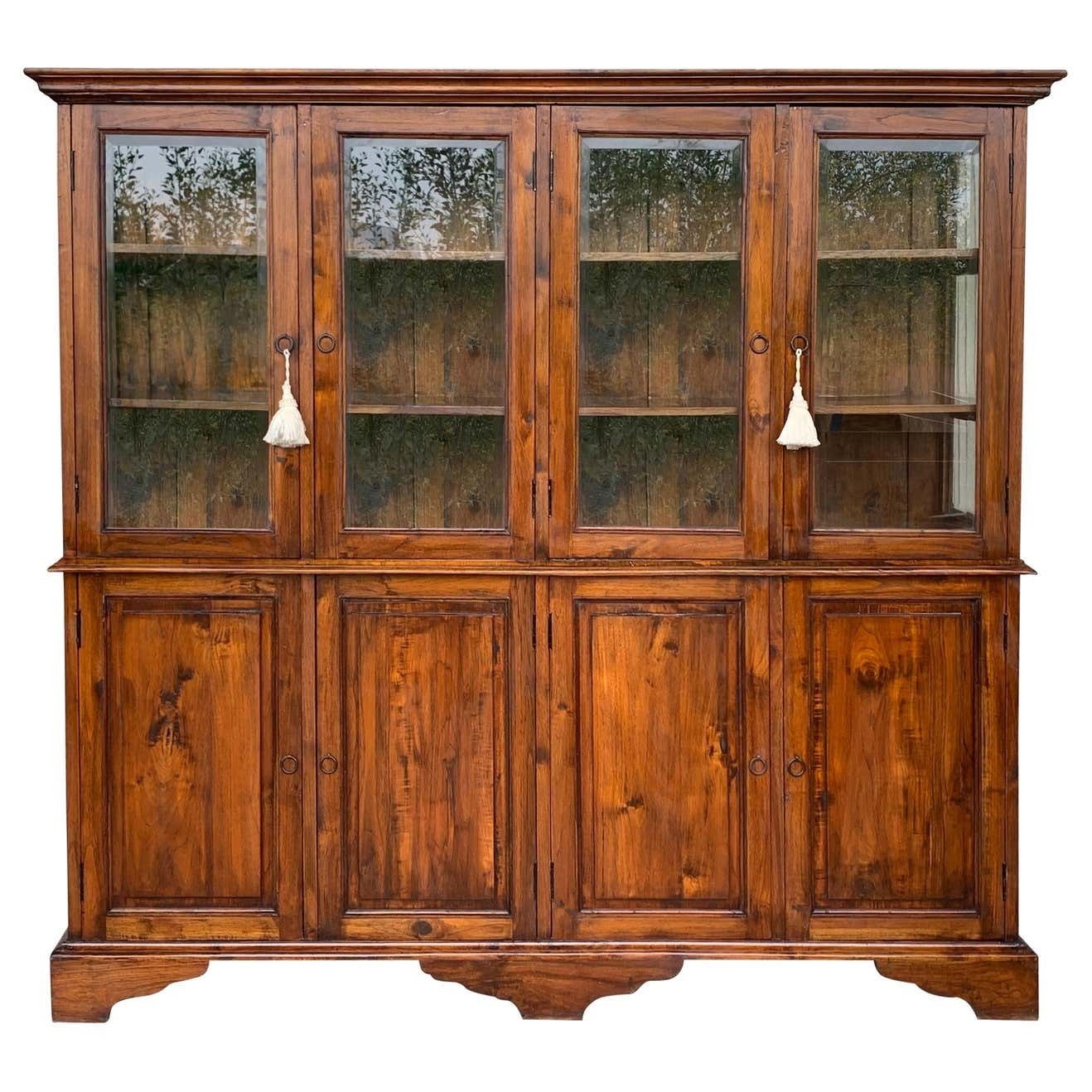 19th Century Large Cupboard Or Bookcase With Glass Vitrine, Pine, Spain Restored photo furniture