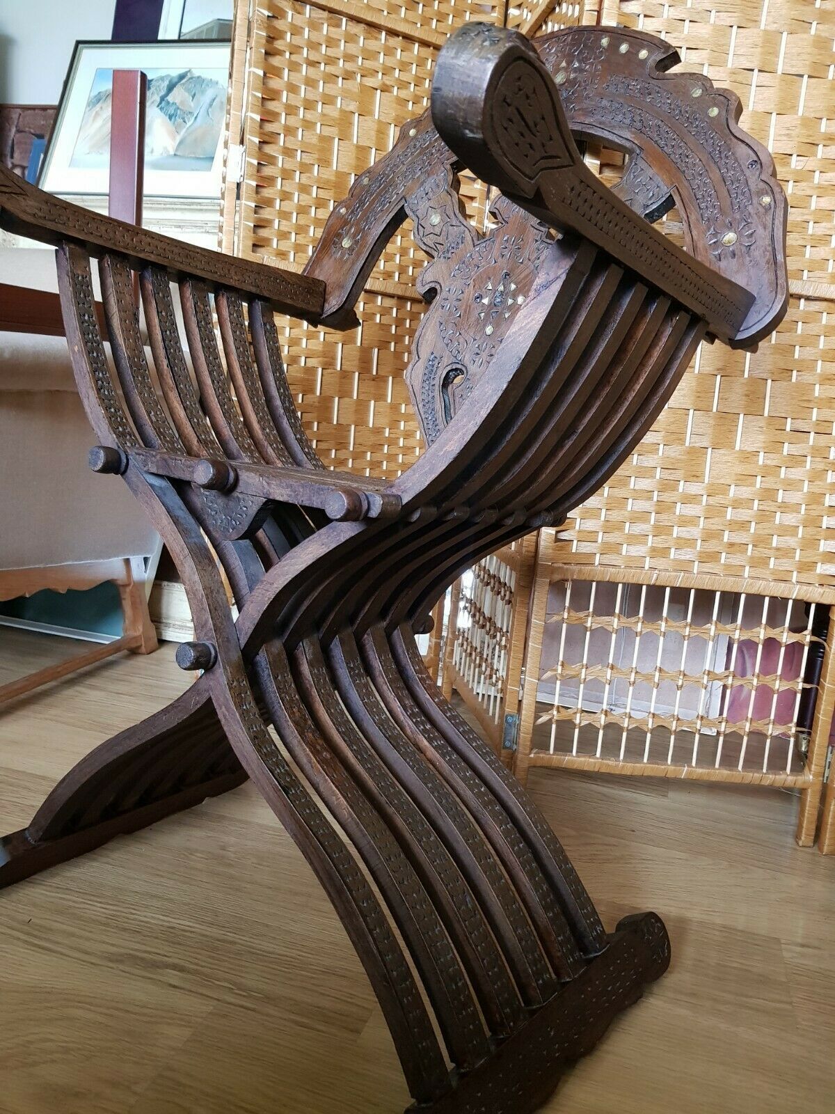 A Very Rare Antique Savanarola Inlaid Carved Italian Armchair 2 Available photo furniture