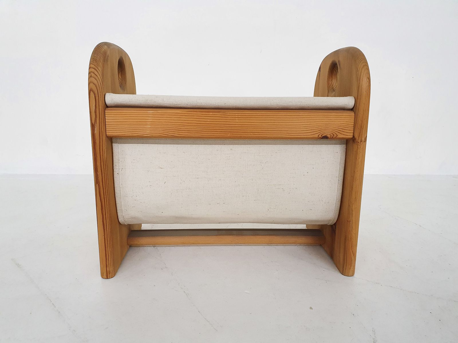 Scandinavian Modern Pinewood And Linnen Magazine Stand, Denmark 1970s photo furniture