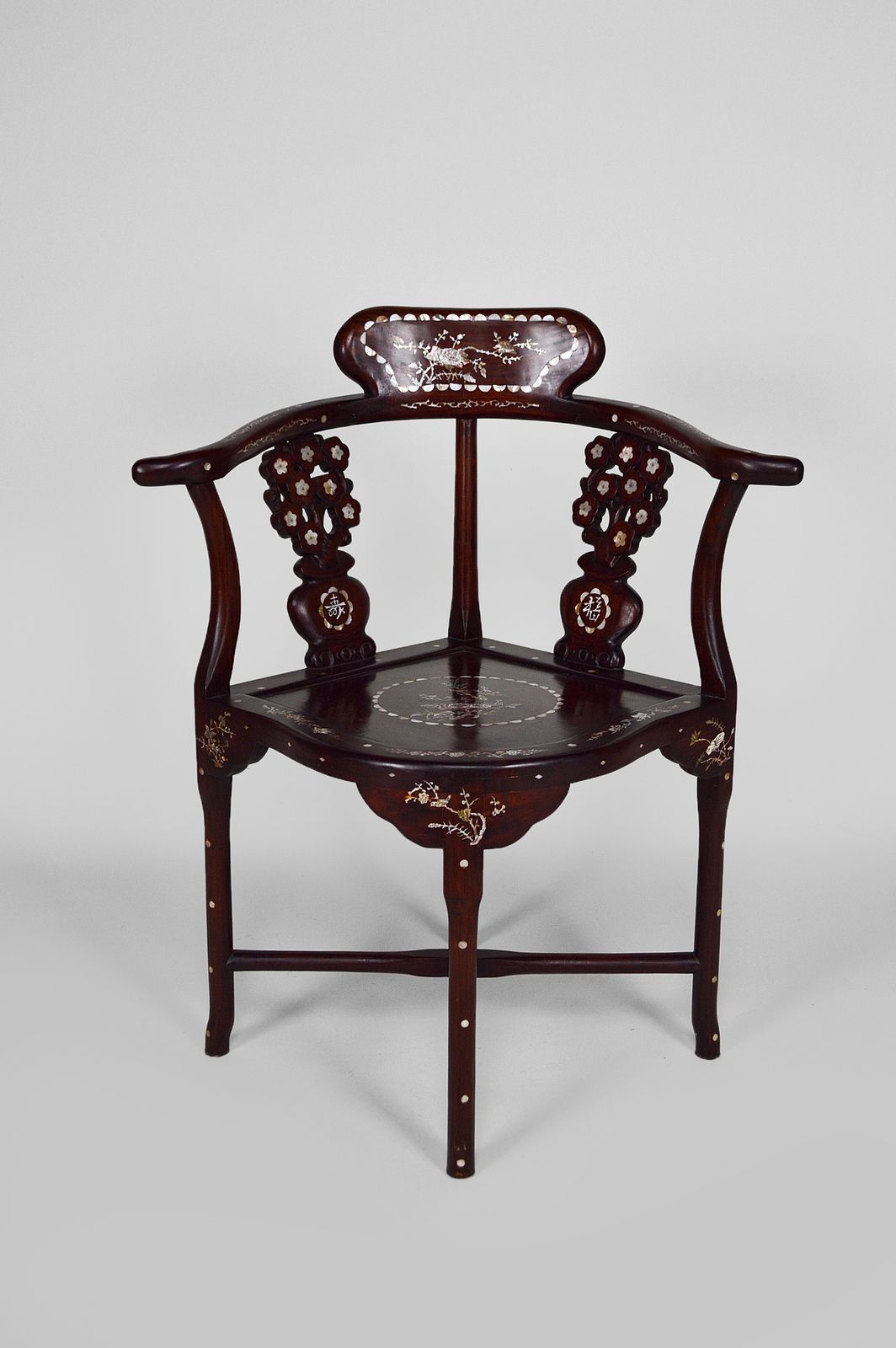 Furniture Asian Carved Inlaid Wood Armchairs, Early 20th Century, Set Of 4 photo