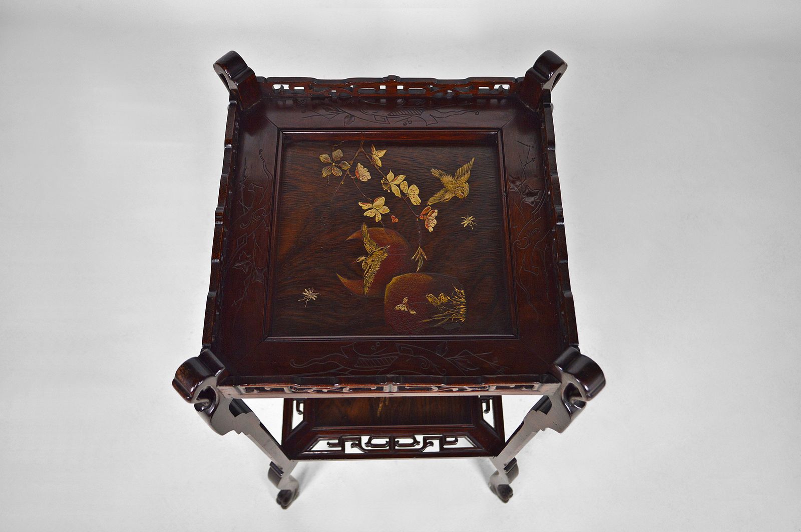 photo buy French Japonism Carved Wood & Lacquered Panels Side Table, 1880s