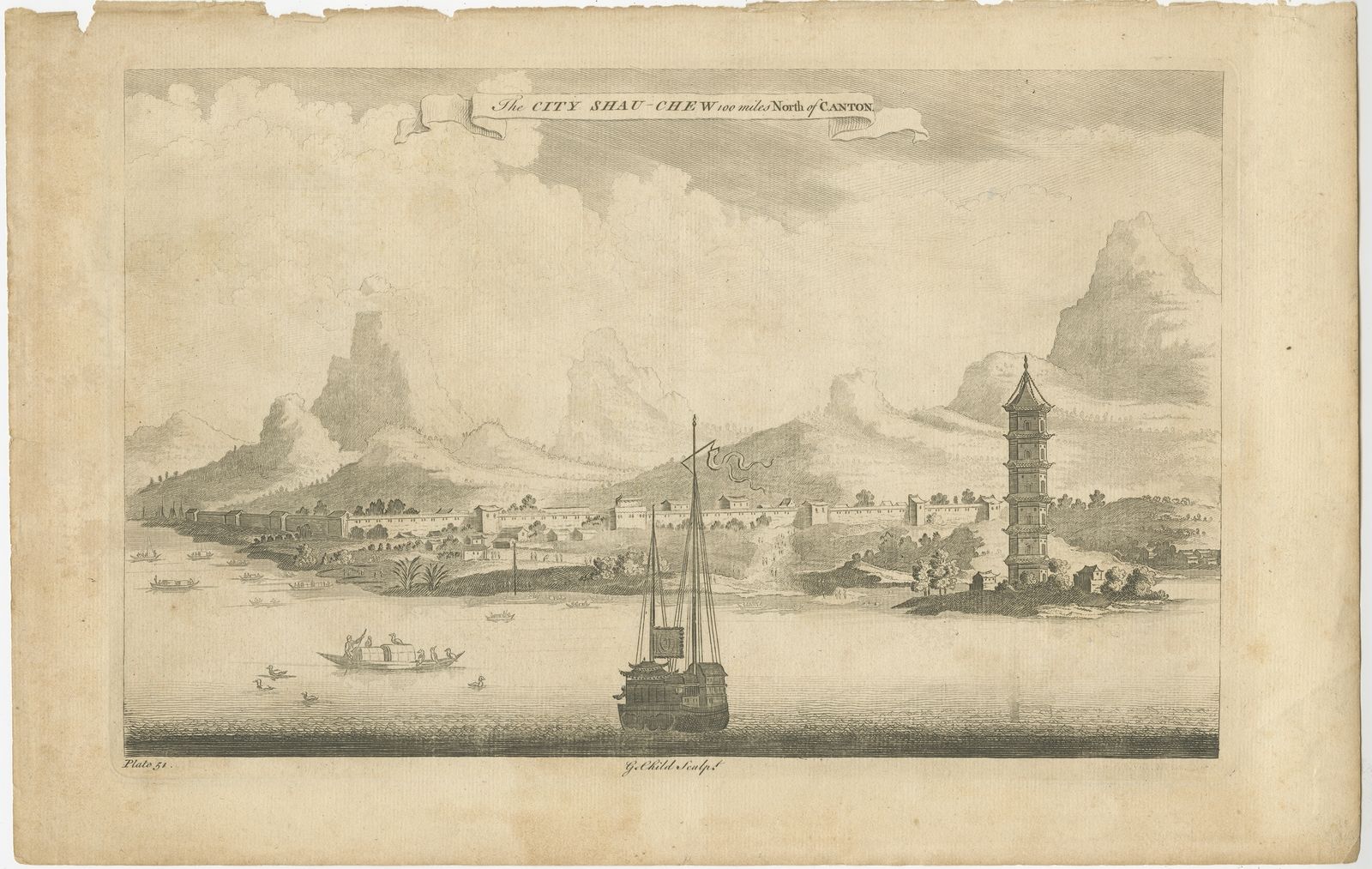 Antique Print Of A City Near Canton By Astley (C.1745)