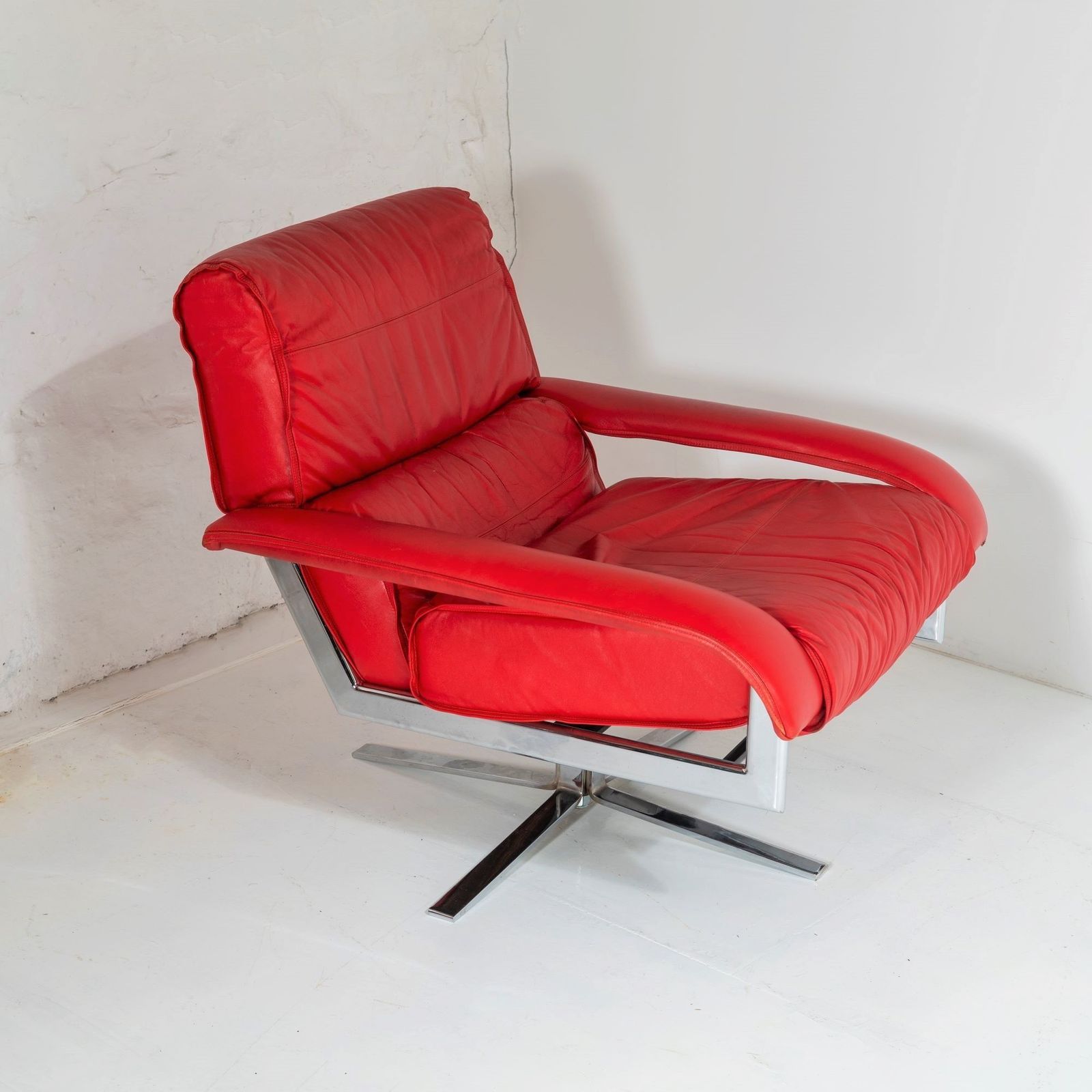 Mid Century Pieff Red Leather Tubular Chrome Swivel Chair With Footstool Ottoman photo for sale