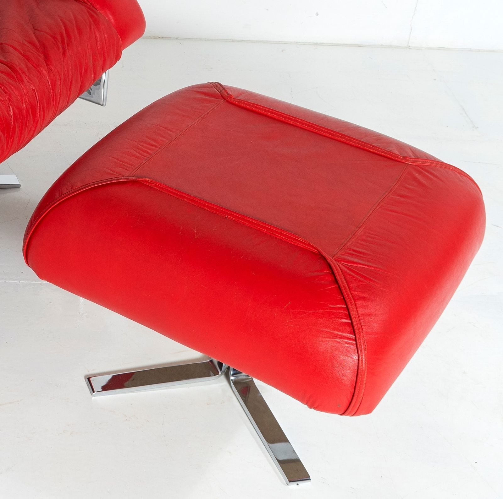 Mid Century Pieff Red Leather Tubular Chrome Swivel Chair With Footstool Ottoman photo vinterior