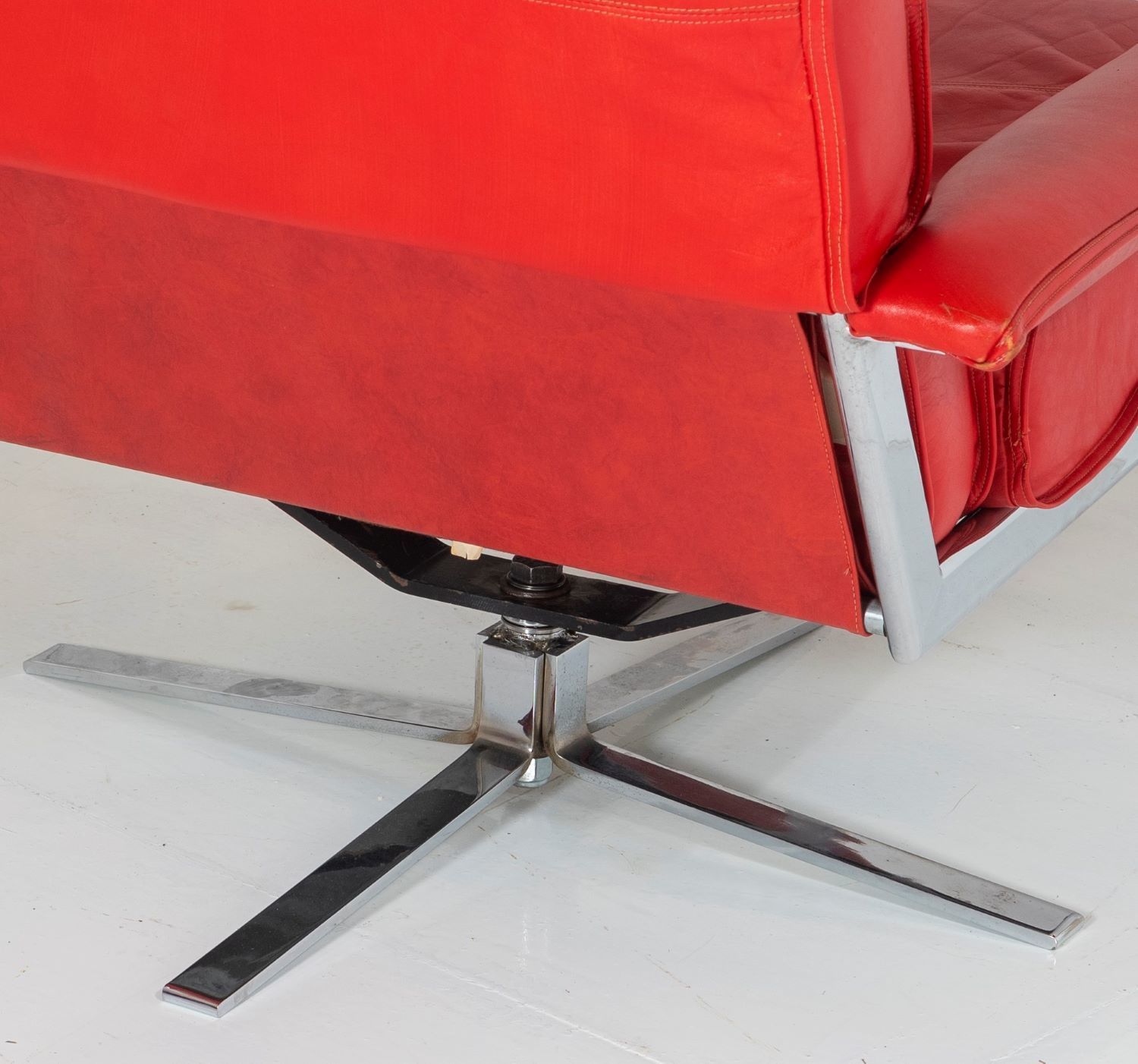 2485.0 Mid Century Pieff Red Leather Tubular Chrome Swivel Chair With Footstool Ottoman photo