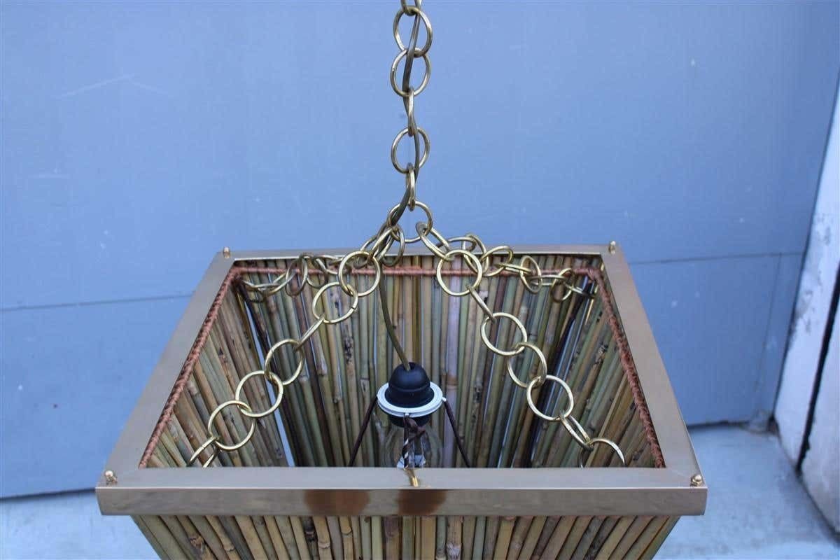 Italian Naturalistic Lantern Chandelier 1970s Bamboo Brass Gold Crespi Style photo vinterior