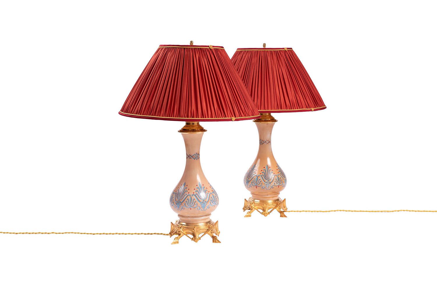 Pair Of Opaline Lamps With Gilt Bronze Neo Gothic Style Circa 1890