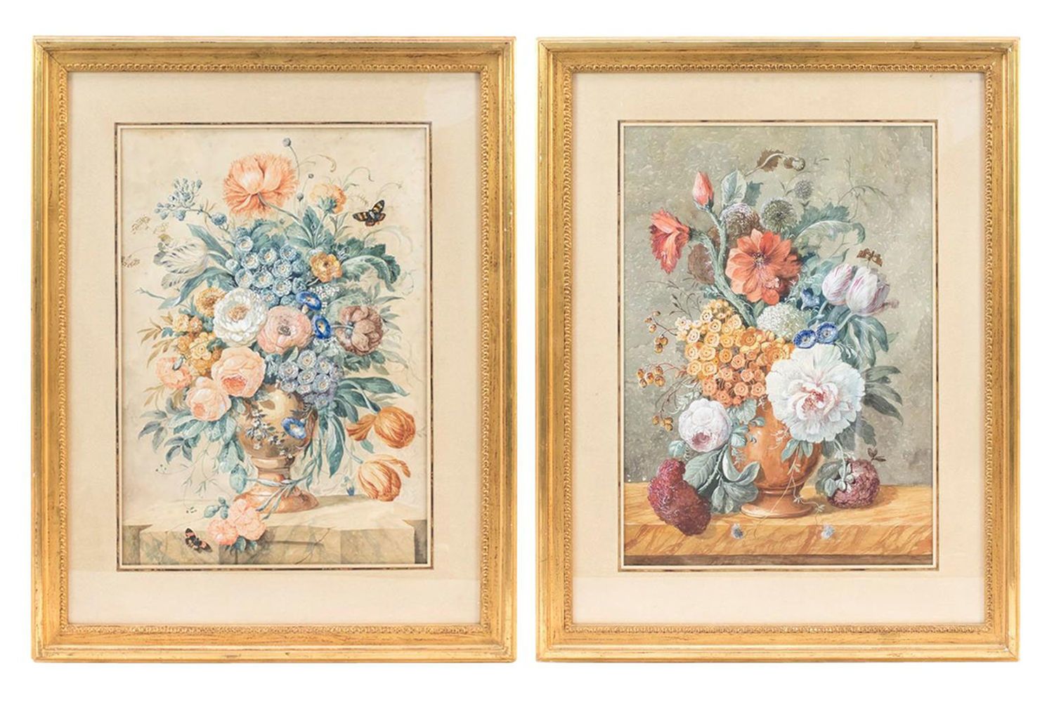 Pair Of Gouaches With Bouquets Of Flowers, Late 19th Century