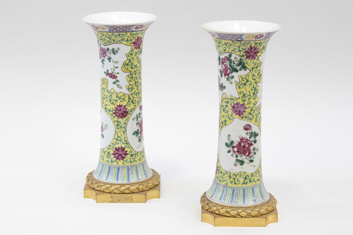 Pair Of Famille Rose Porcelain Cone Vases, Late 19th Century photo for sale