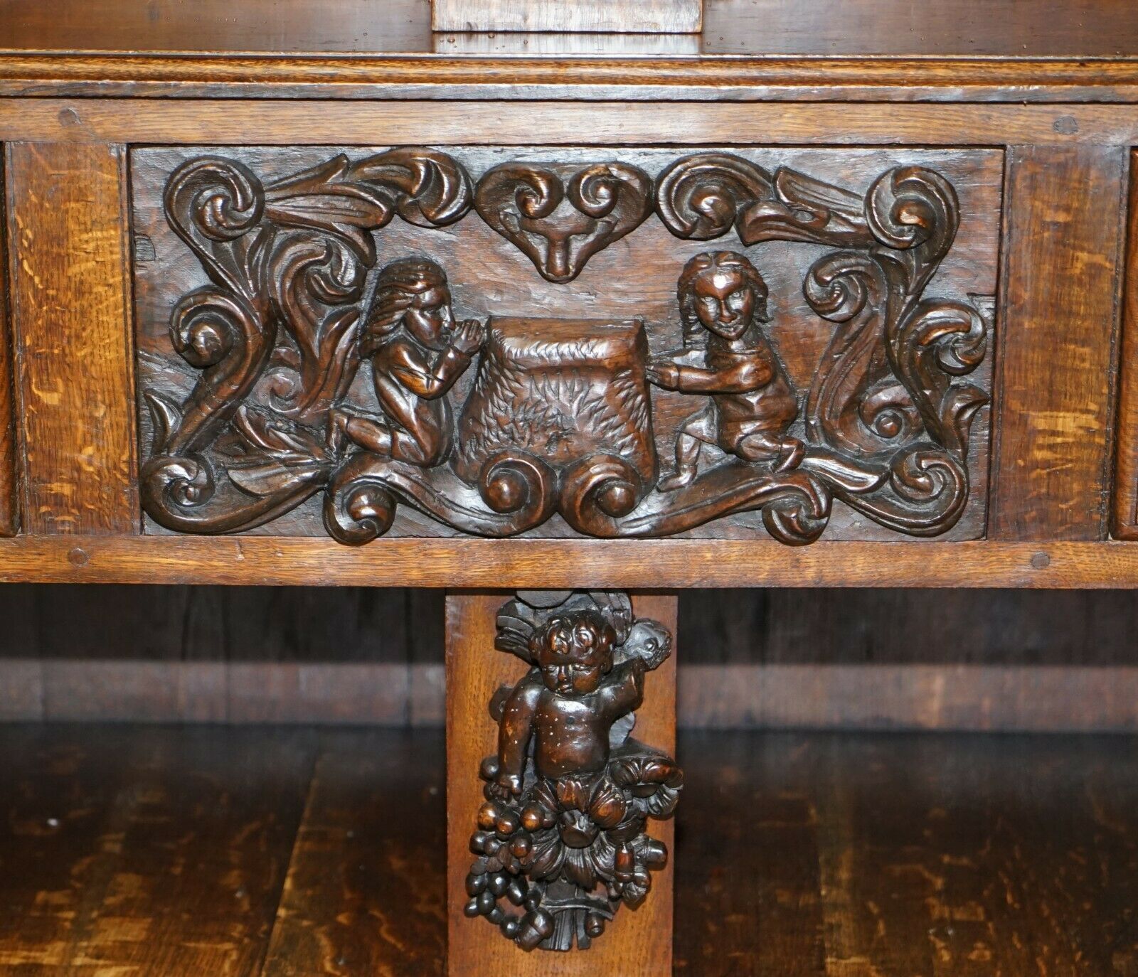 Large Heavily Carved Bookcase Cupboard With Ornate Cherub Putti & Lion Figures photo 2500.0