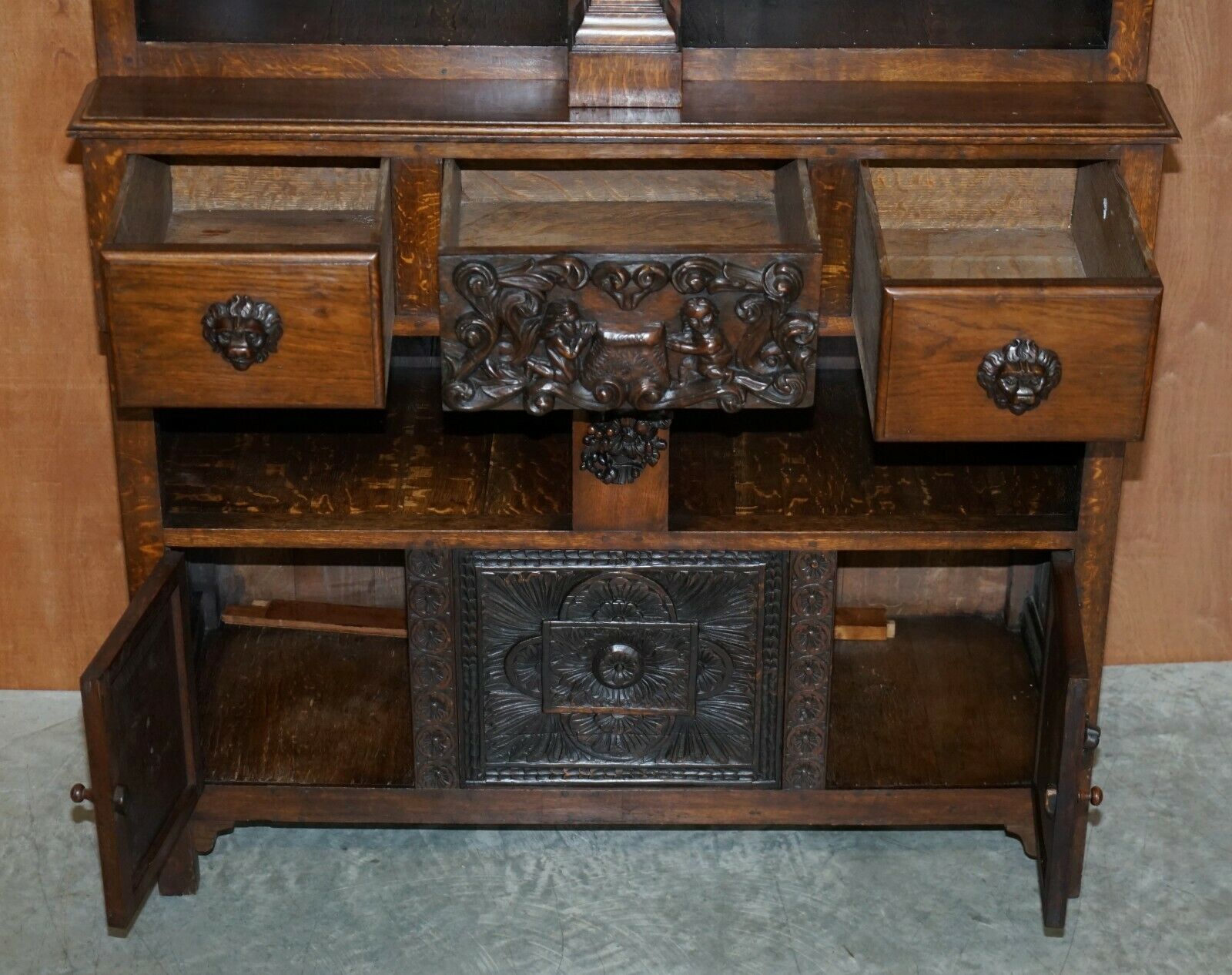 Furniture Large Heavily Carved Bookcase Cupboard With Ornate Cherub Putti & Lion Figures photo